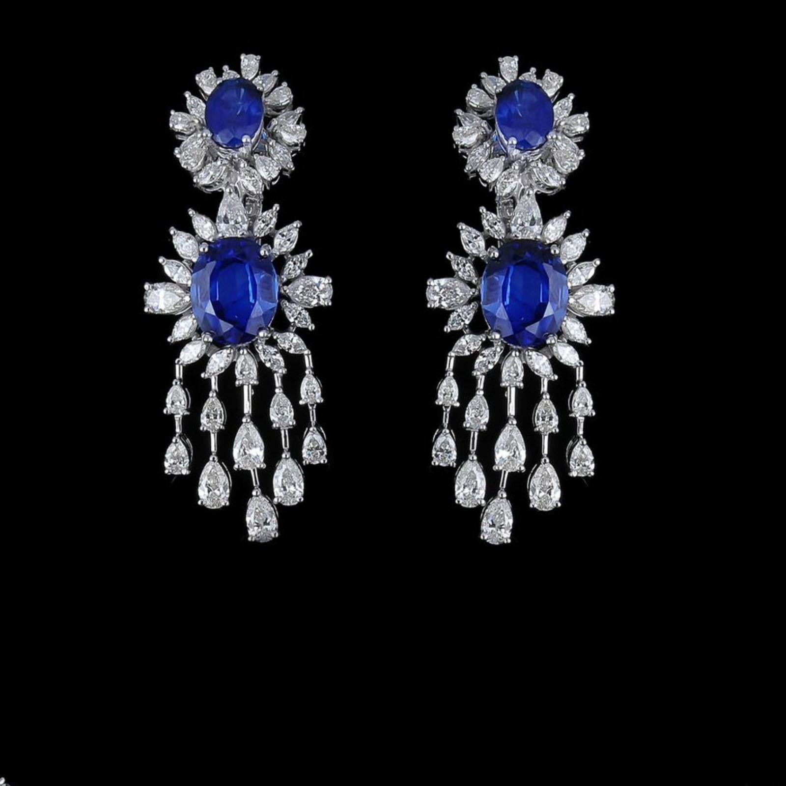 The Following Items we are offering is a Rare Important Spectacular and Brilliant White Gold Large Gorgeous Fancy Blue Sapphire Diamond Draped Dangle Earrings. Earrings consists of Rare Fine Magnificent Glittering Blue Sapphires and Gorgeous