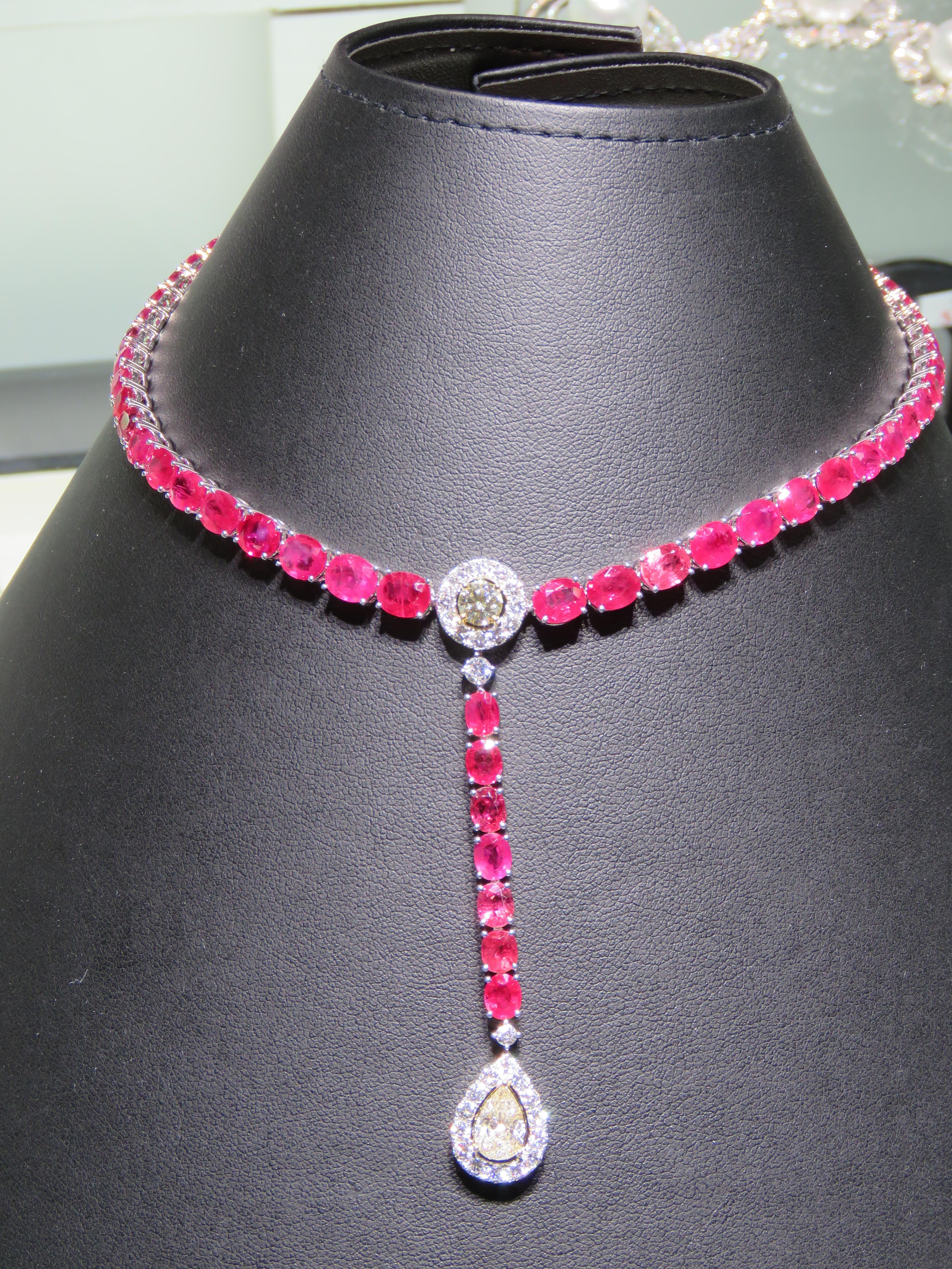 Mixed Cut NWT $63, 700 18KT Large 35CT Fancy Glittering Fancy Ruby Diamond Drop Necklace For Sale