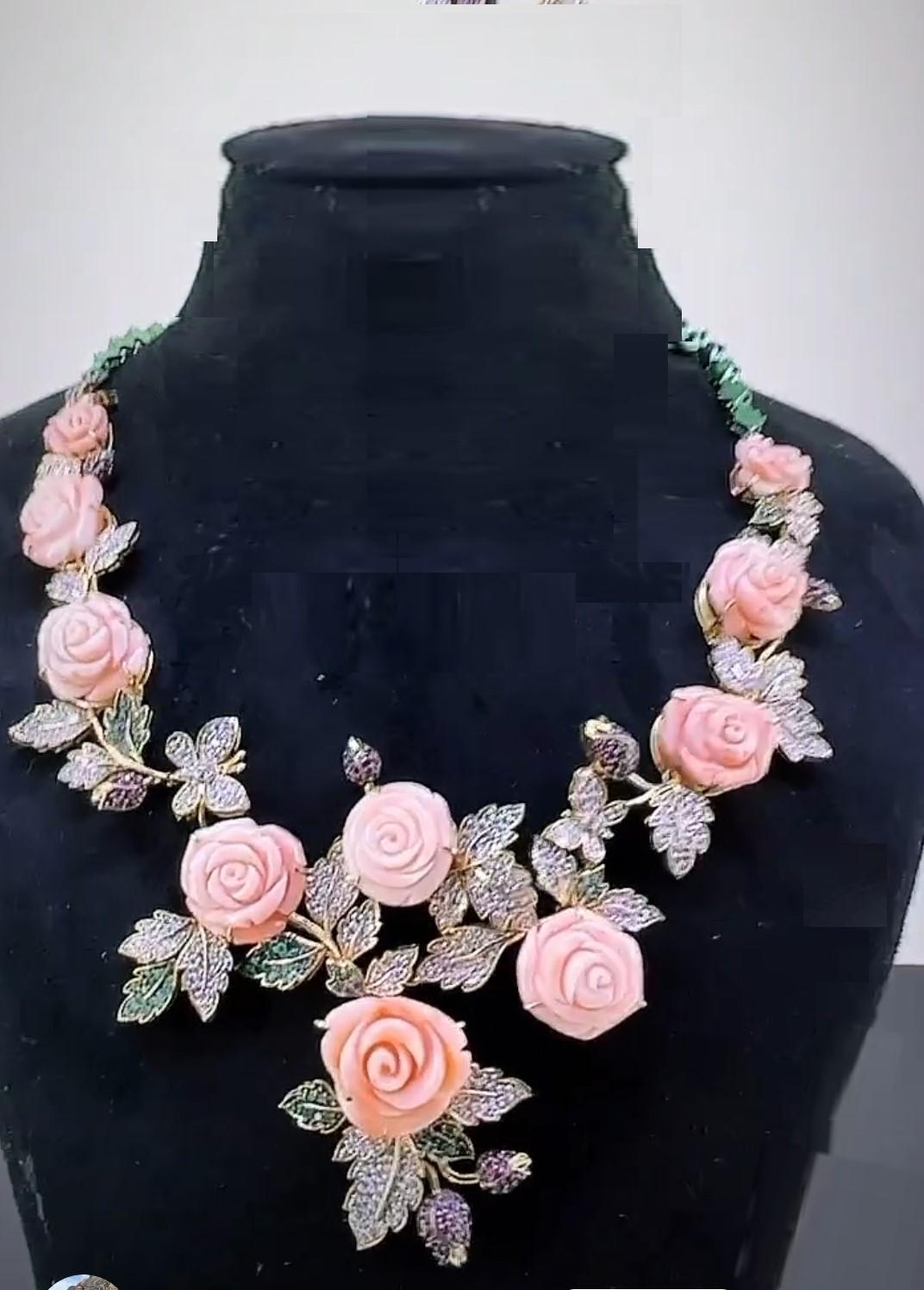Mixed Cut NWT $65, 000 Fancy Gold Flower Flower Coral Emerald Sapphire Diamond Necklace For Sale