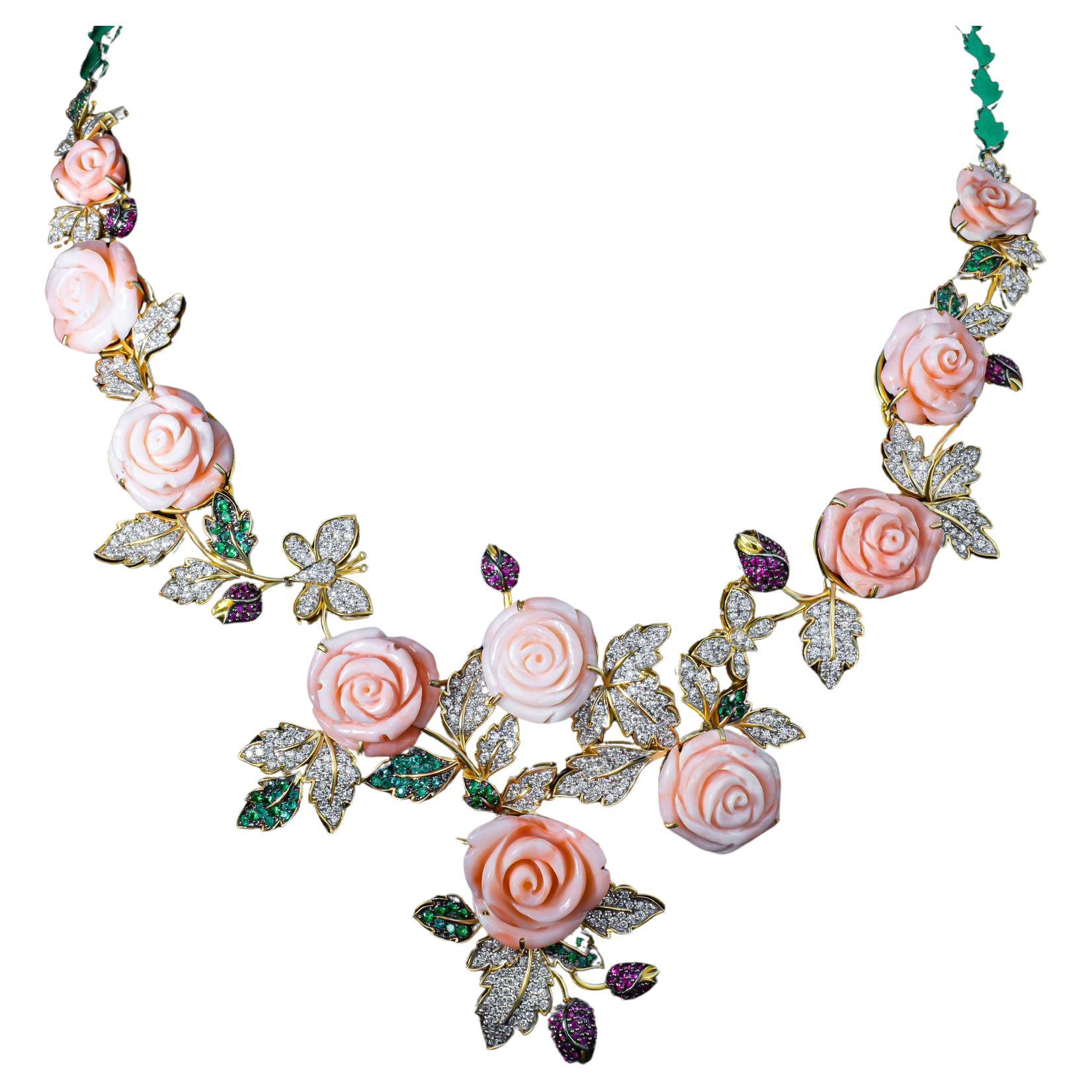 NWT $65, 000 Fancy Gold Flower Flower Coral Emerald Sapphire Diamond Necklace For Sale