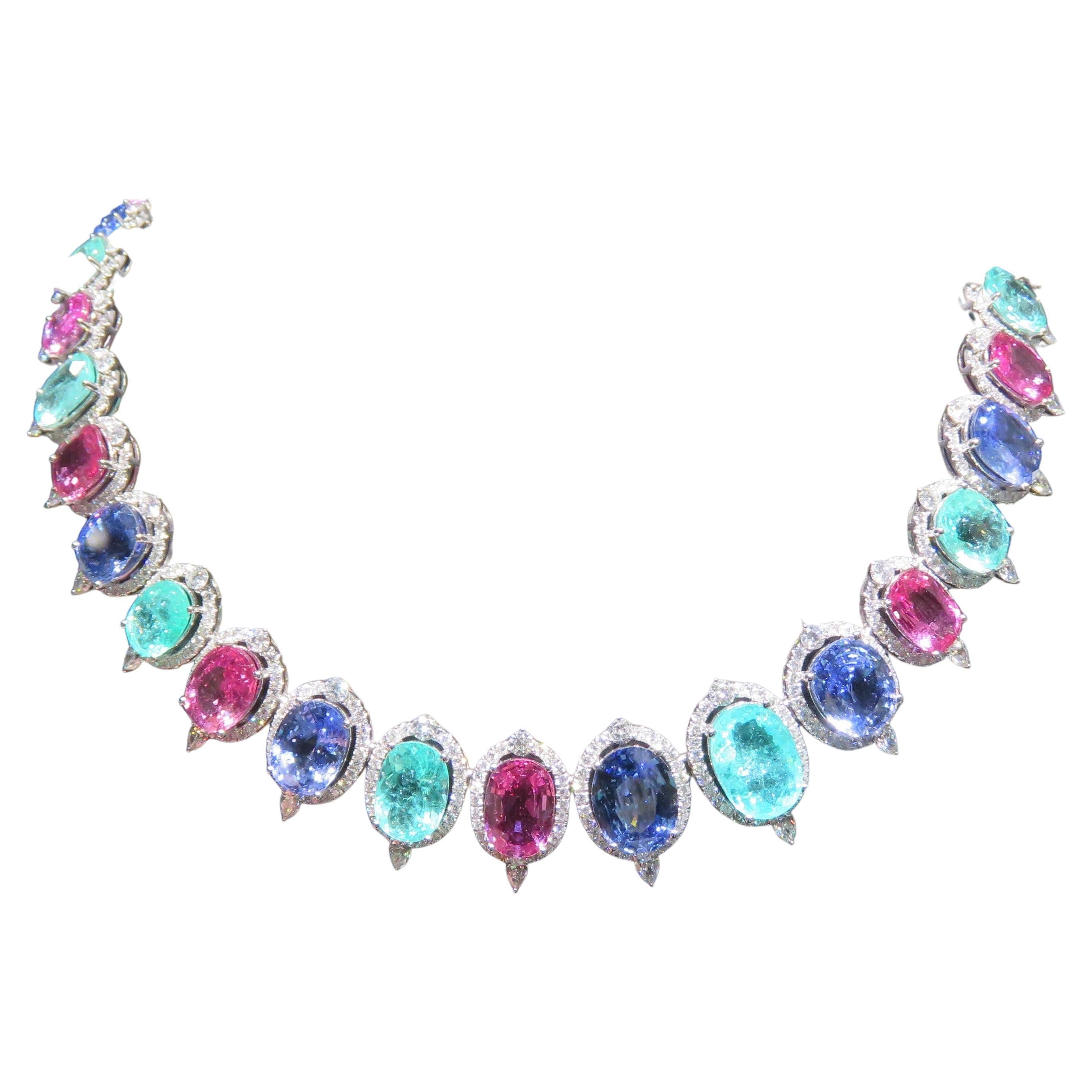 Nwt 650, 000 18 Karat Magnificent Fancy Paraiba Purple Sapphire Diamond Necklace For Sale