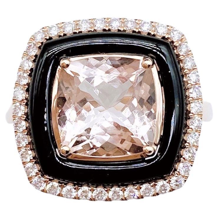 NWT $6, 519 18KT Fancy Large Glittering Fancy Morganite and Diamond Onyx Ring