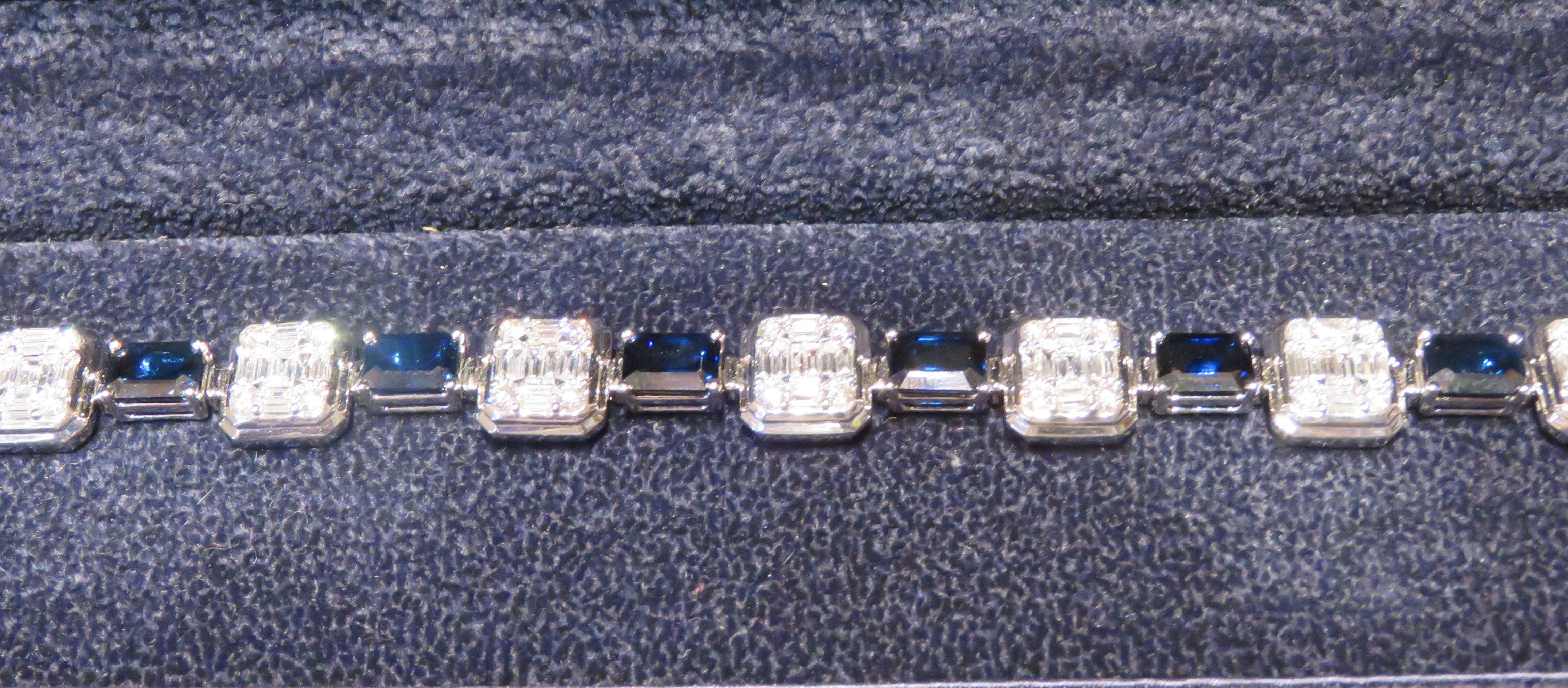 Mixed Cut NWT $66, 818 18KT Gold Glittering Fancy Baguette Diamond Blue Sapphire Bracelet For Sale