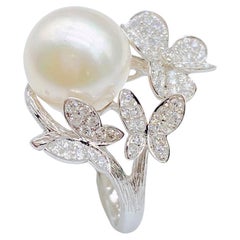 NWT $6, 629 18KT Gold Rare Gorgeous South Sea Pearl Diamond Butterfly Flower Ring