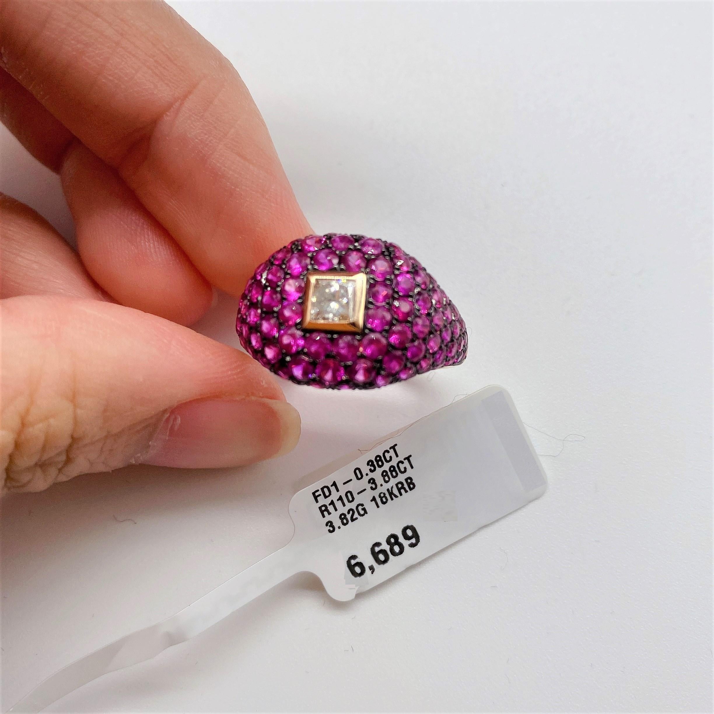 NWT $6, 689 Rare 18KT Fancy Glittering Ruby Princess Cut Diamond Ring In New Condition For Sale In New York, NY