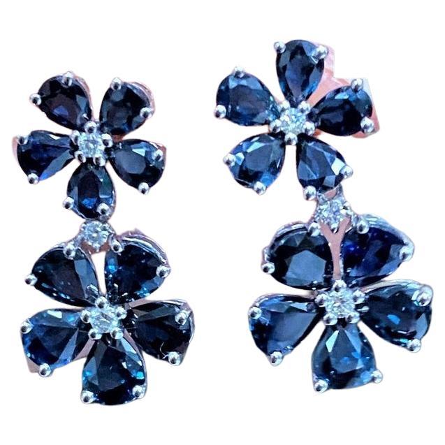 Magnifique pendants d'oreilles à fleurs en saphirs 6 carats et diamants 18 carats, neufs avec étiquette, 6 999 $