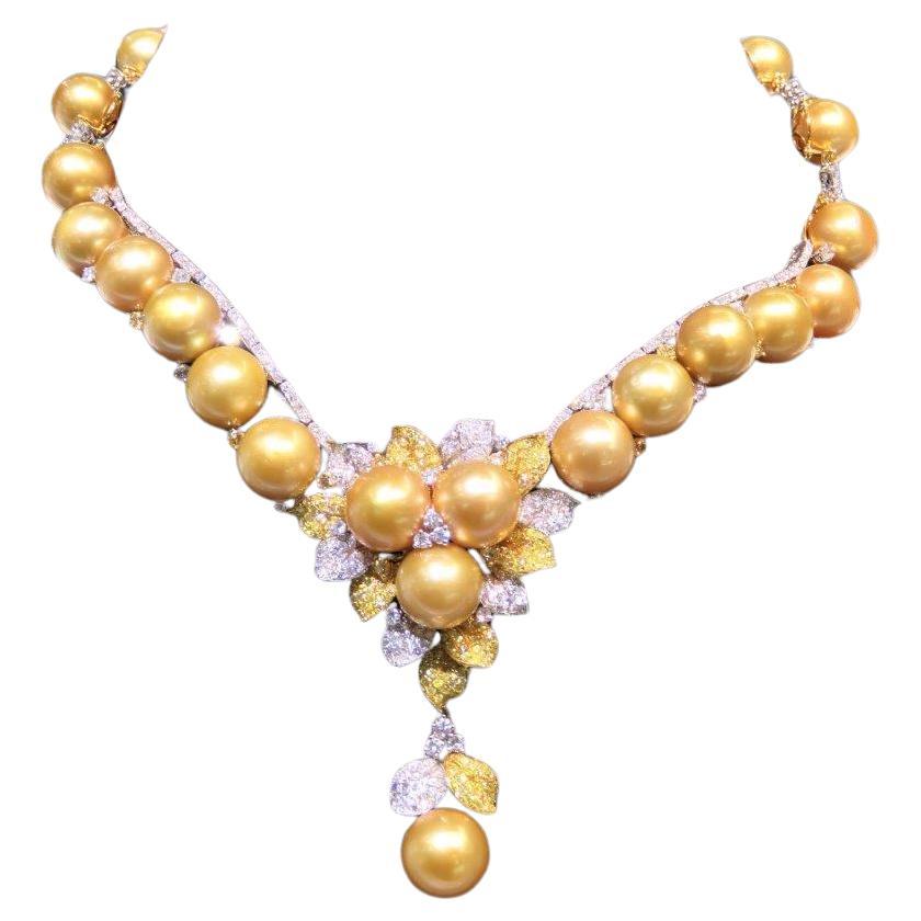NWT 67, 300 Gorgeous 18KT Gold South Sea Pearl Fancy Yellow Diamond Necklace For Sale