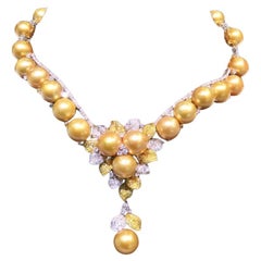 NWT 67, 300 Gorgeous 18KT Gold South Sea Pearl Fancy Yellow Diamond Necklace