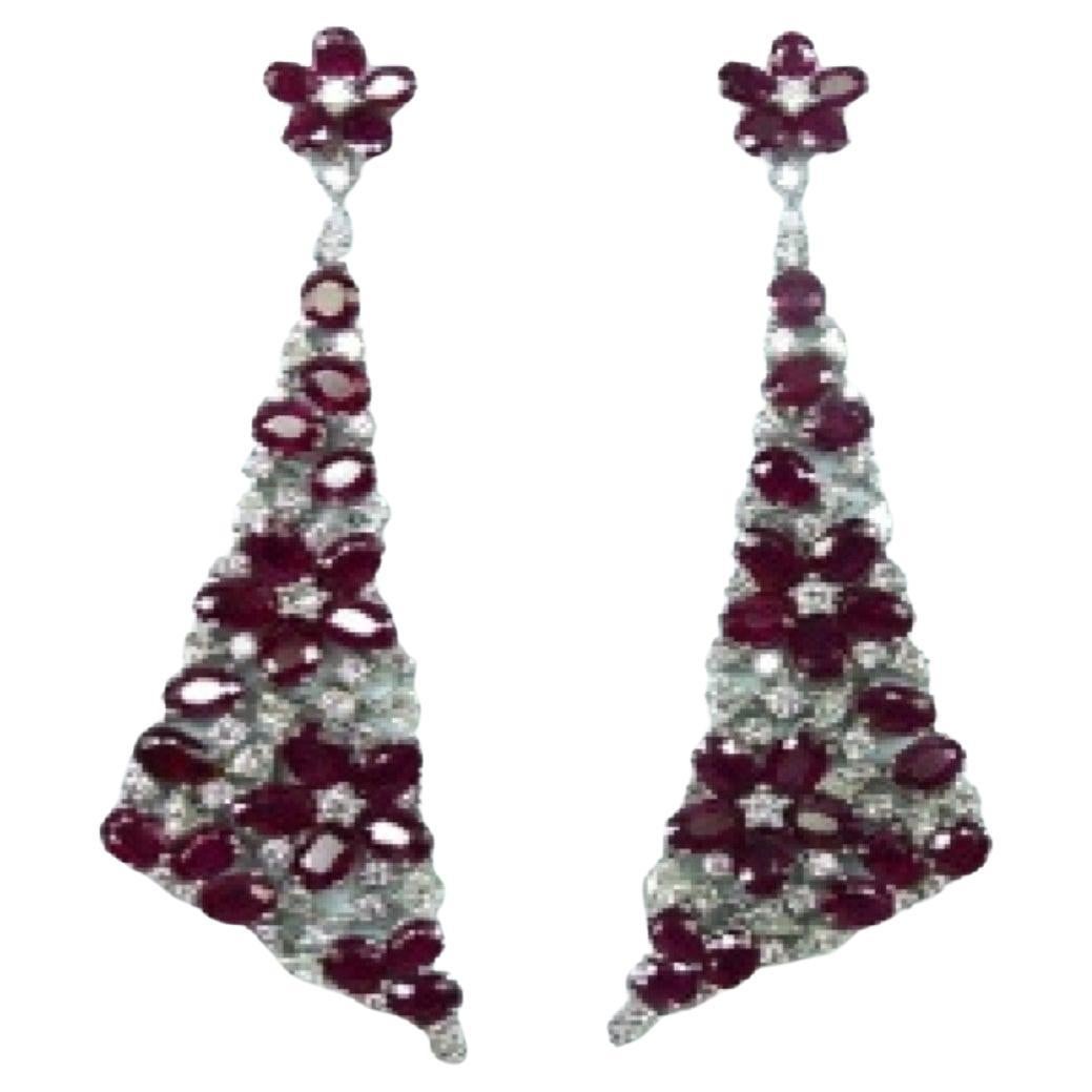 NWT $67, 500 18KT Gold Fancy Gorgeous 30CT Ruby Diamond Flower Drop Earrings