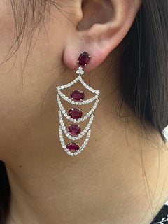 NWT $67, 500 18KT Gold Ruby Flower Fancy Ruby Drop Diamond Dangle Earrings