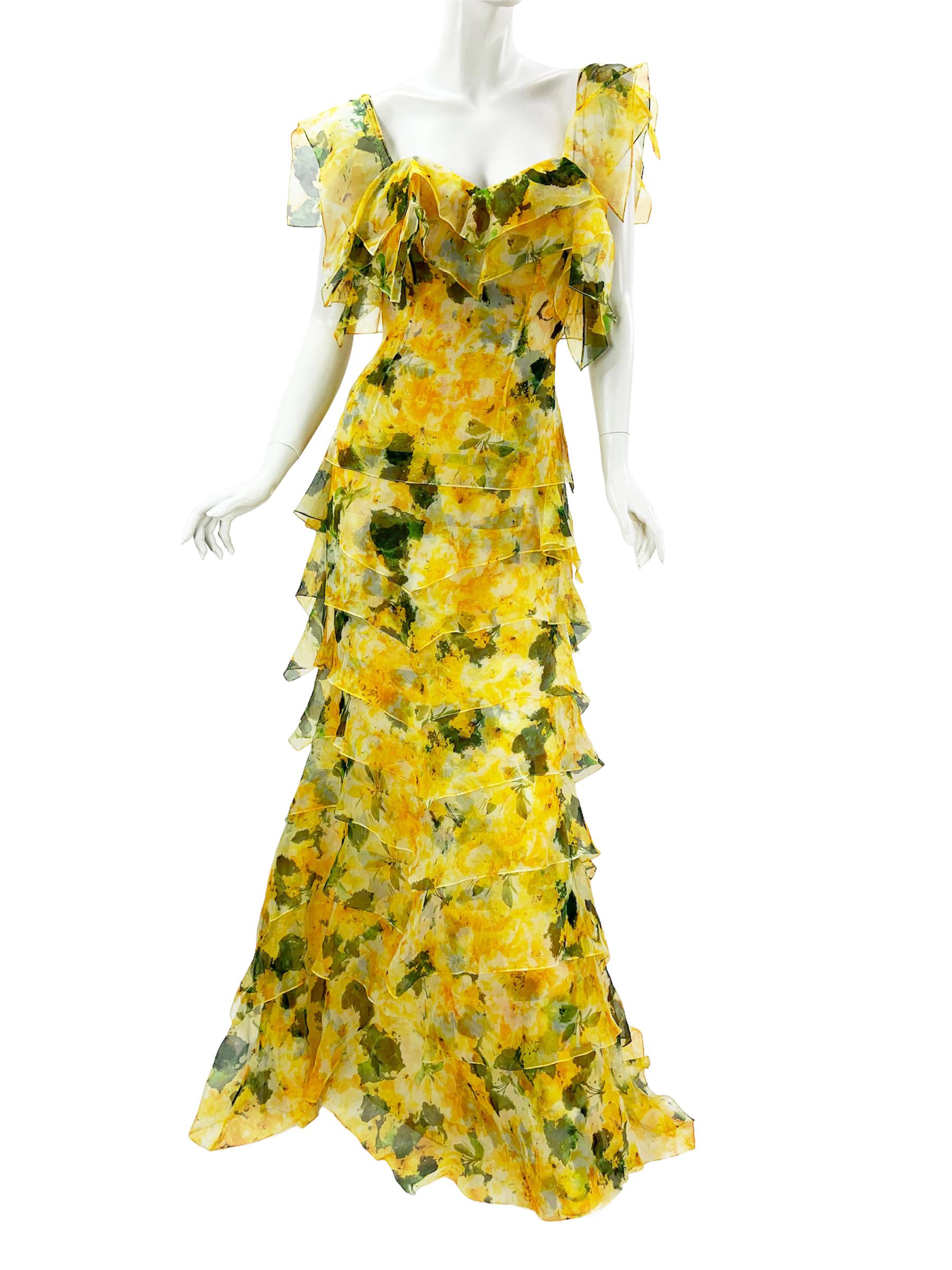 New Oscar de la Renta Silk Yellow Tiered Maxi Corset Dress
S/S 2014 Collection
US size - 10
100% Silk Chiffon, Yellow Flowers with Green Leaves Print, Fully Tiered, 
Finished with Corset, Fully Lined, Back Zip Closure. Fabric not