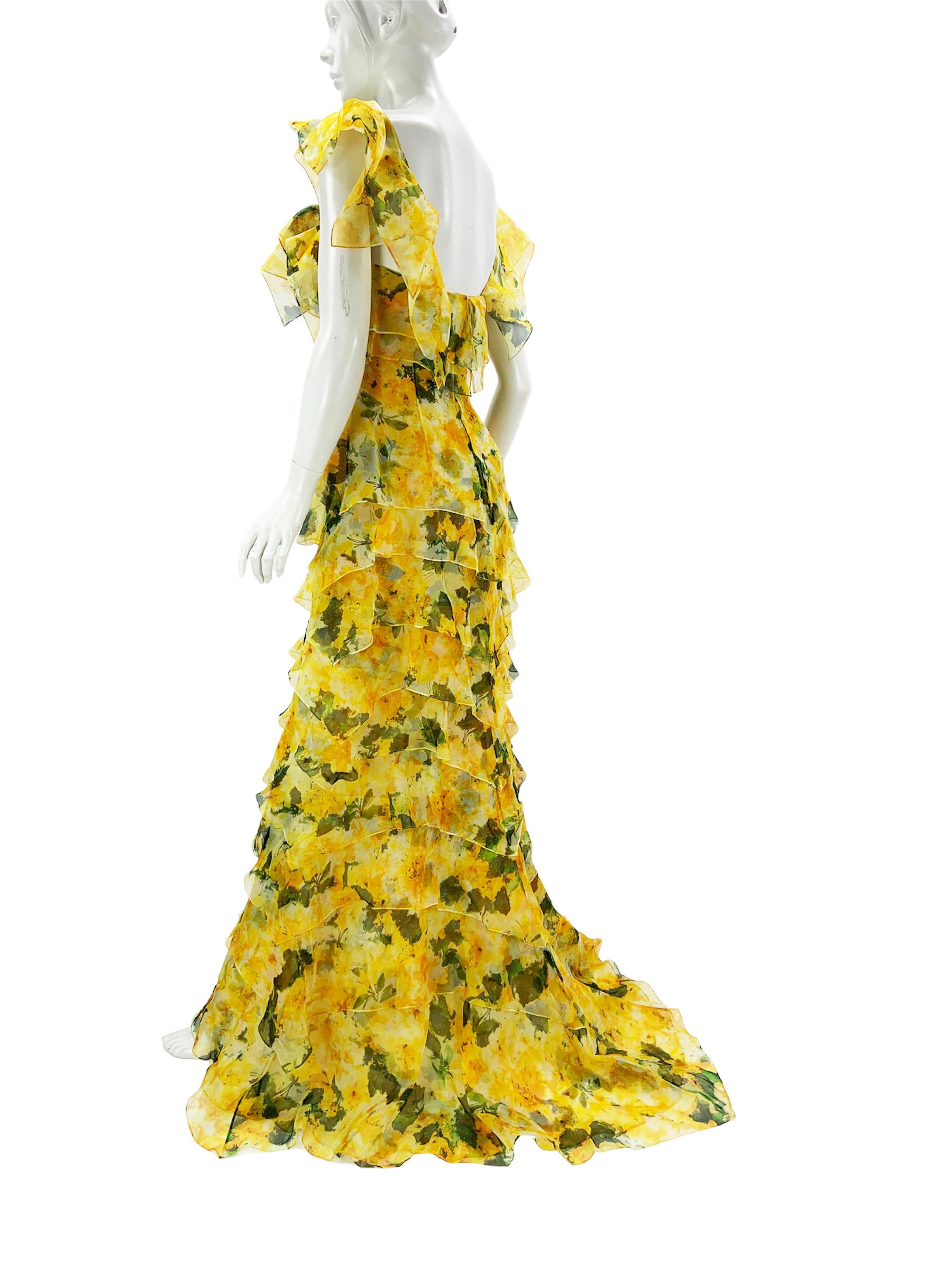NWT $6790 Oscar de la Renta S/S 2014 Silk Yellow Tiered Corset Maxi Dress US 10 In New Condition For Sale In Montgomery, TX