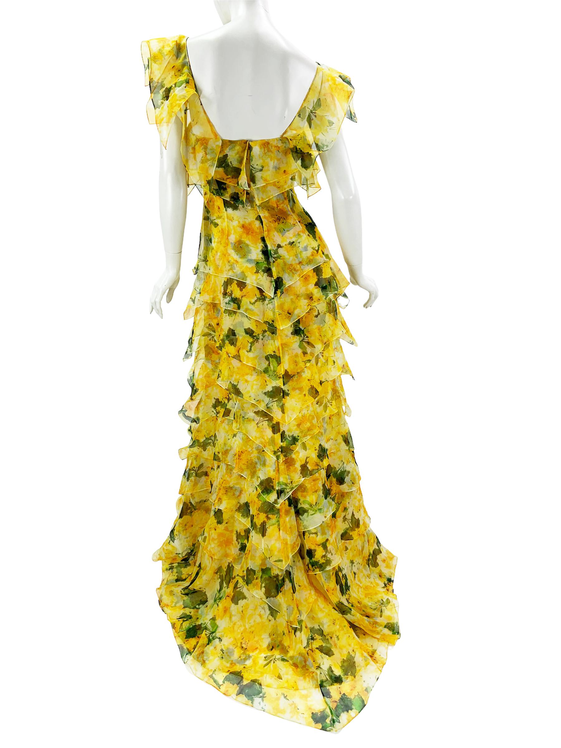 Women's NWT $6790 Oscar de la Renta S/S 2014 Silk Yellow Tiered Corset Maxi Dress US 10 For Sale