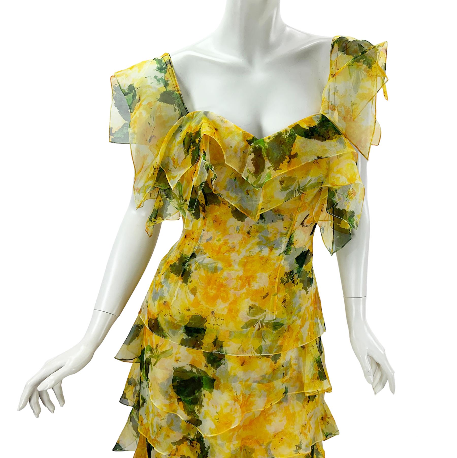 NWT $6790 Oscar de la Renta S/S 2014 Silk Yellow Tiered Corset Maxi Dress US 10 For Sale 1