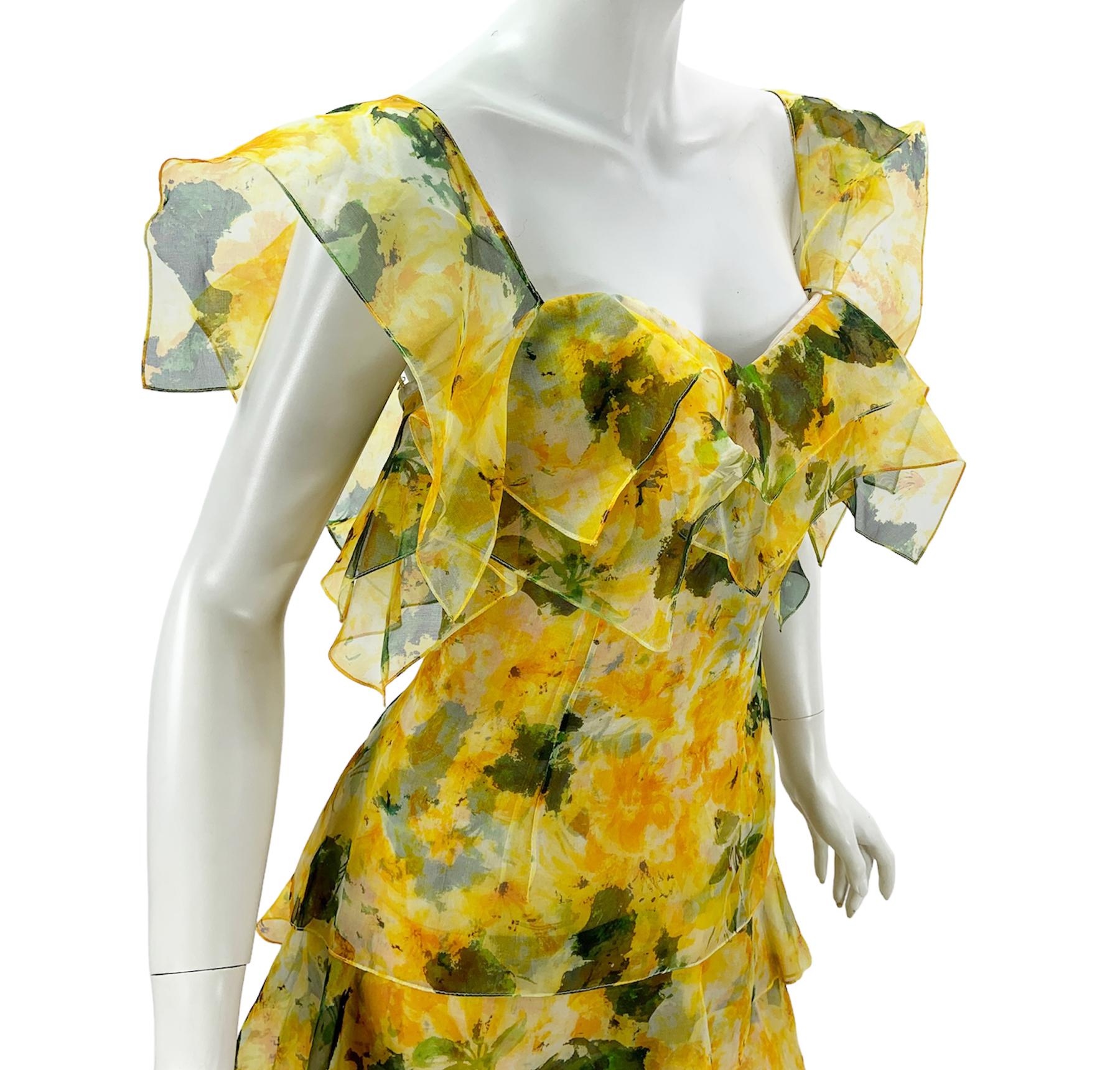NWT $6790 Oscar de la Renta S/S 2014 Silk Yellow Tiered Corset Maxi Dress US 10 For Sale 2