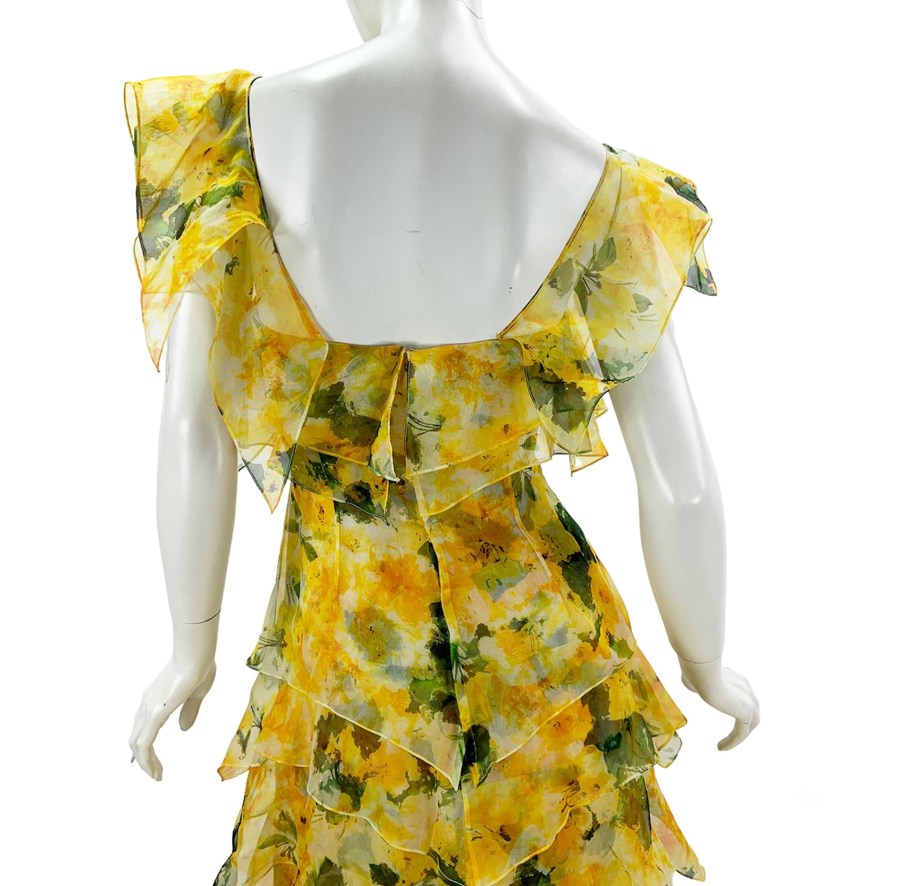 NWT $6790 Oscar de la Renta S/S 2014 Silk Yellow Tiered Corset Maxi Dress US 10 For Sale 3