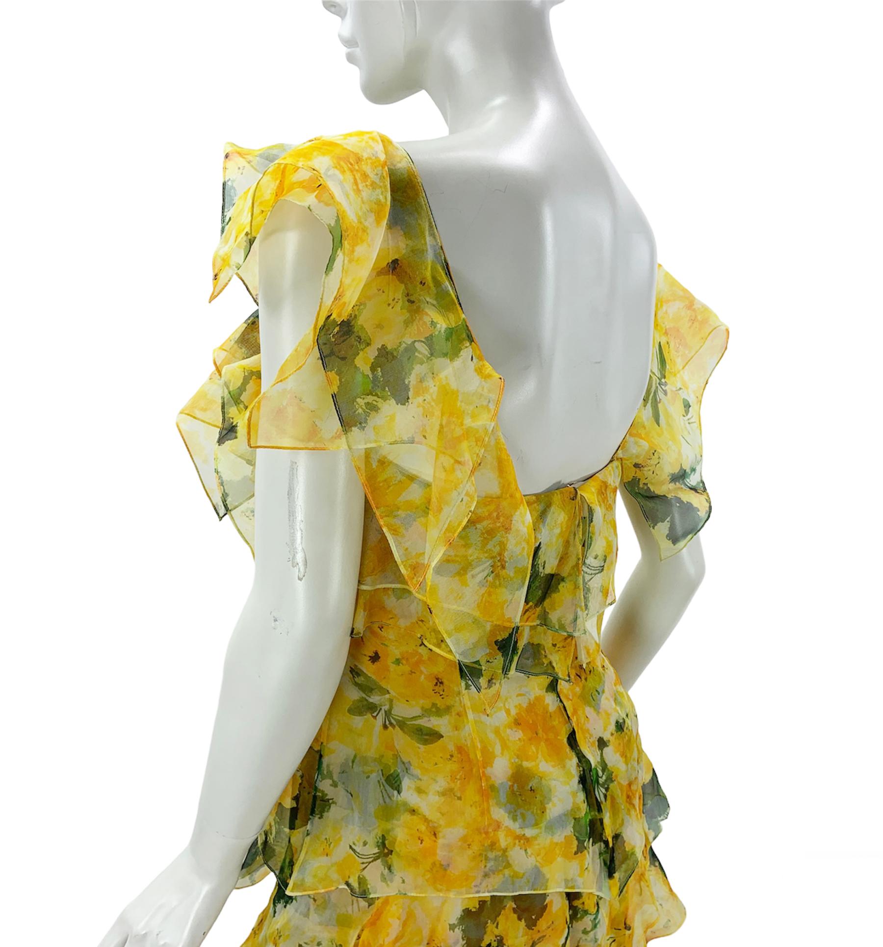 NWT $6790 Oscar de la Renta S/S 2014 Silk Yellow Tiered Corset Maxi Dress US 10 For Sale 5