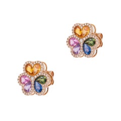 NWT $7, 500 18KT Fancy Glittering Rainbow Sapphire Diamond Flower Earrings