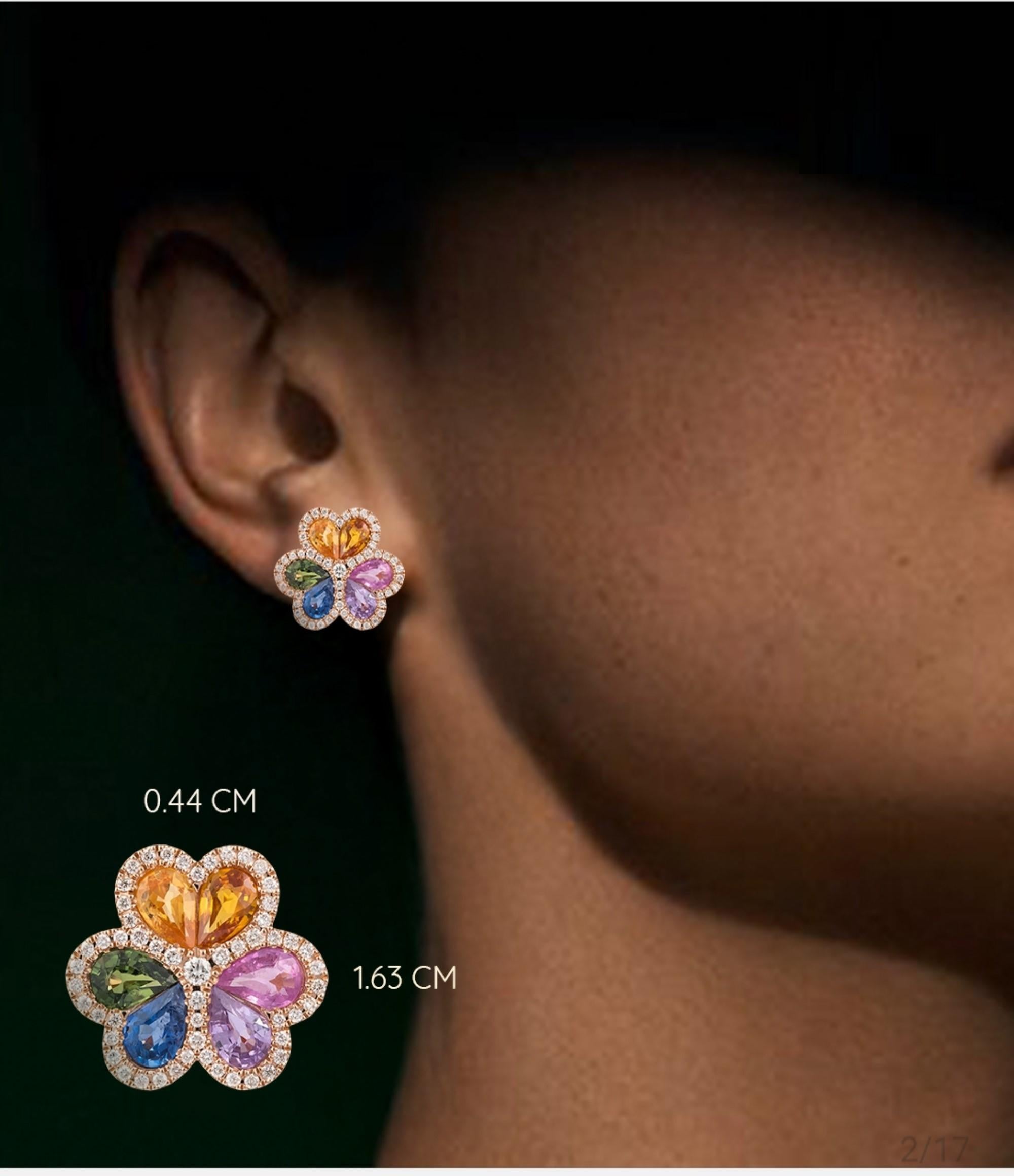 NEU 7, 500 18KT Ausgefallene glitzernde Regenbogen-Saphir-Diamant-Blumen-Ohrringe, neu mit Diamanten (Gemischter Schliff) im Angebot