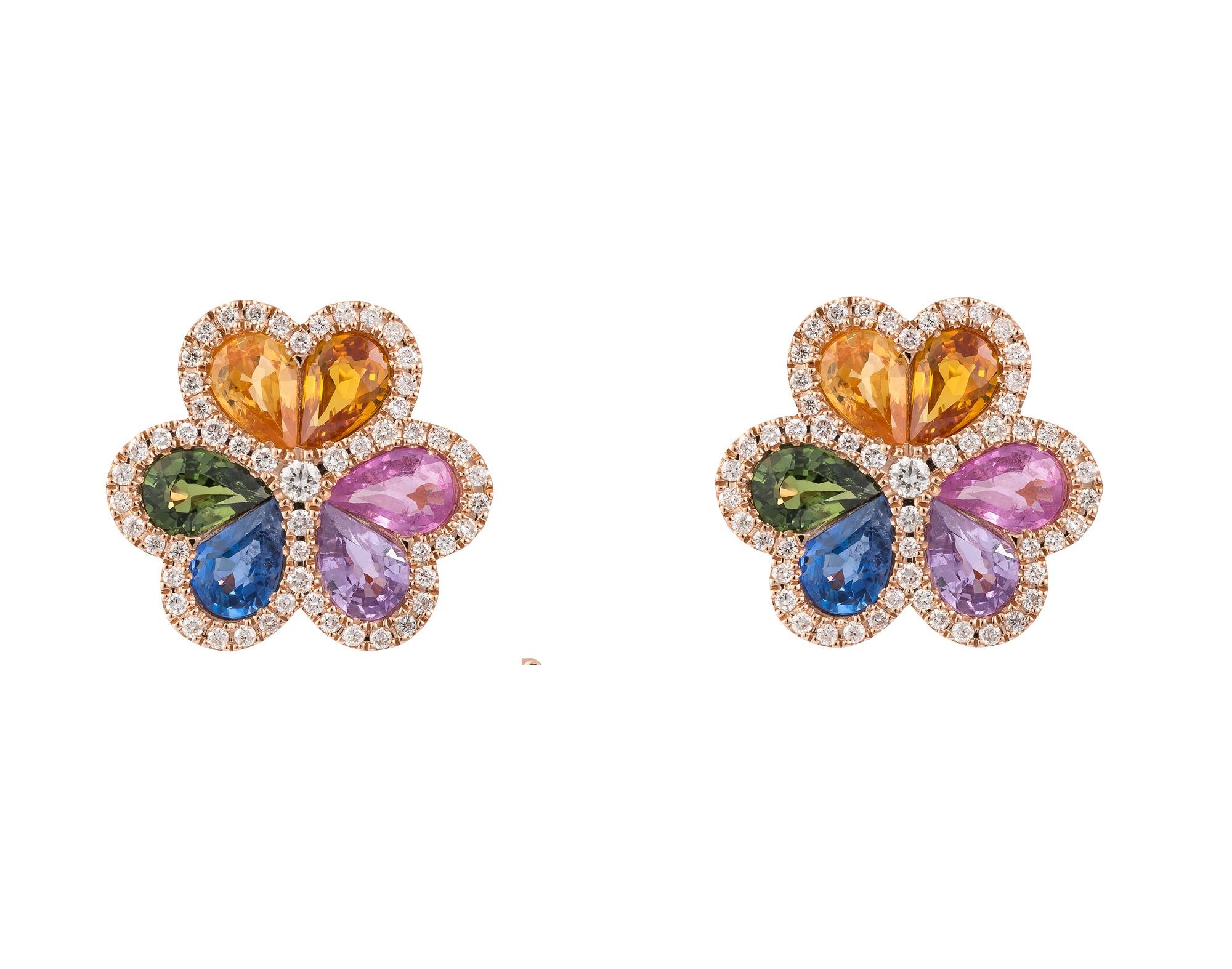 NWT $7, 500 18KT Fancy Glittering Rainbow Sapphire Diamond Flower Earrings
