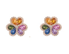 NWT $7, 500 18KT Fancy Glittering Rainbow Sapphire Diamond Flower Earrings