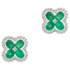 NWT $7, 500 18KT Large Fancy Glittering Emerald Clover Leaf Diamond Earrings