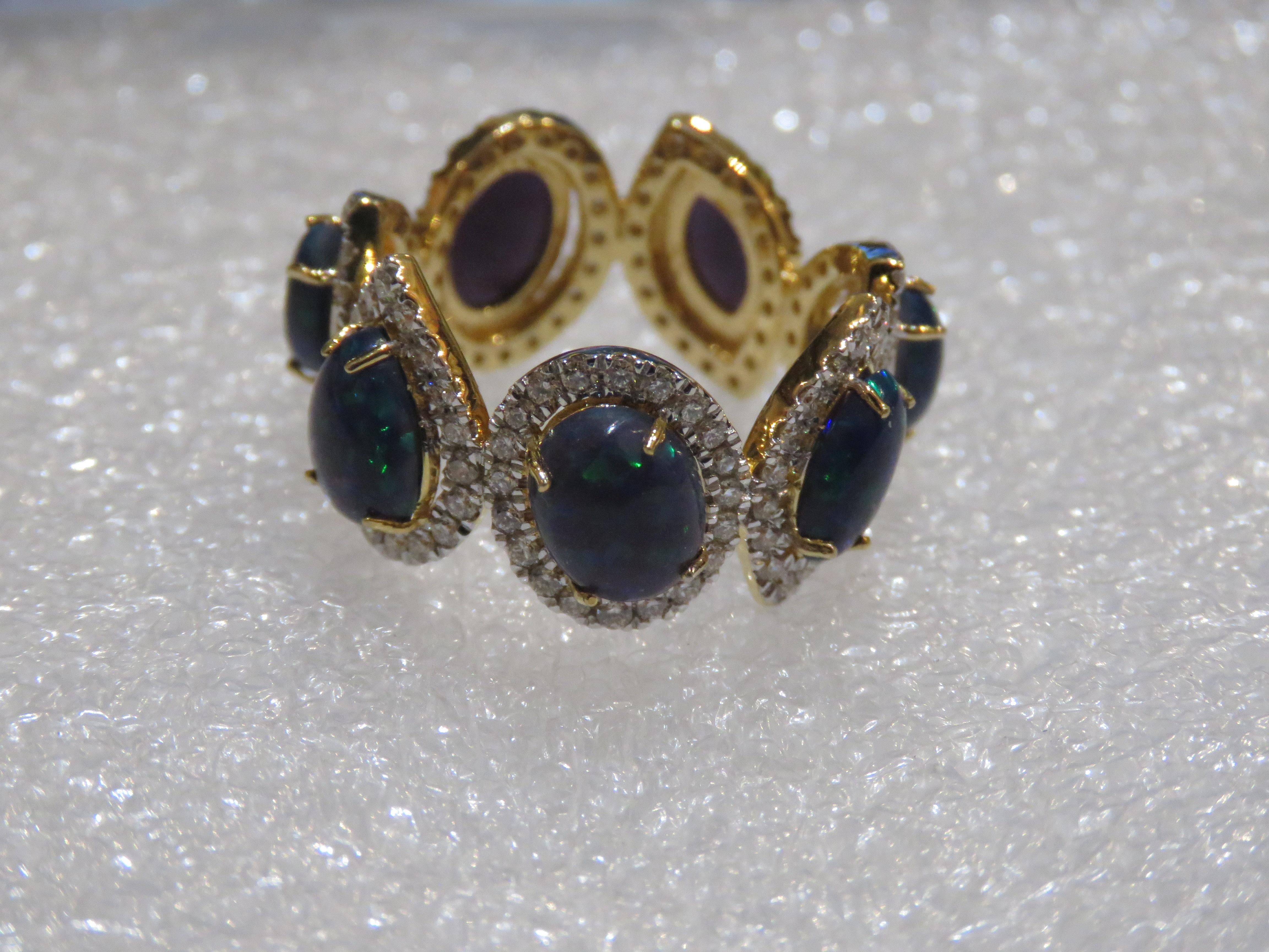 Mixed Cut NWT $7, 500 Rare 18KT Gold Large Black Opal Fancy Diamond Band Ring For Sale