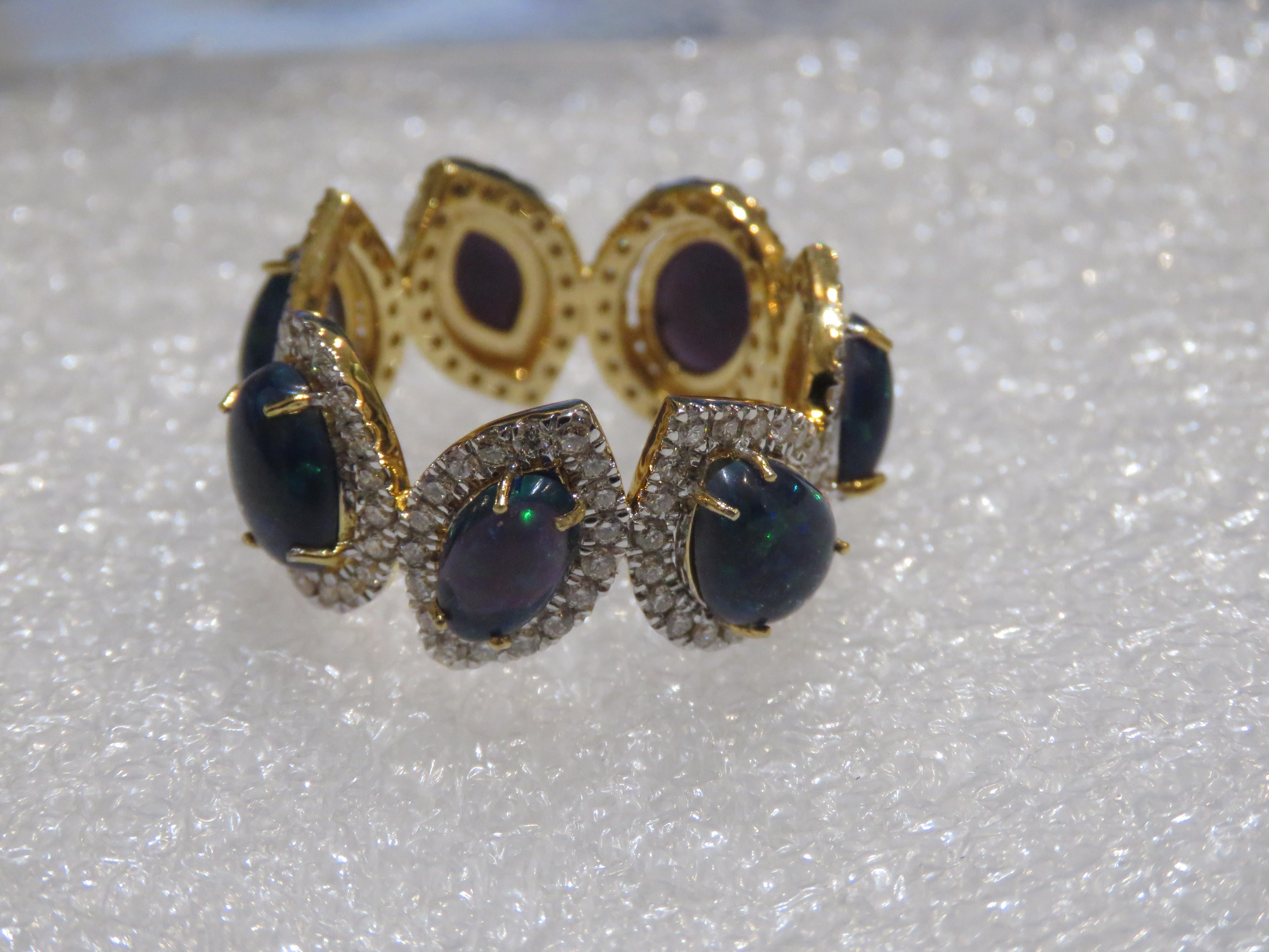 NWT $7, 500 Rare 18KT Gold Large Black Opal Fancy Diamond Band Ring In New Condition For Sale In New York, NY