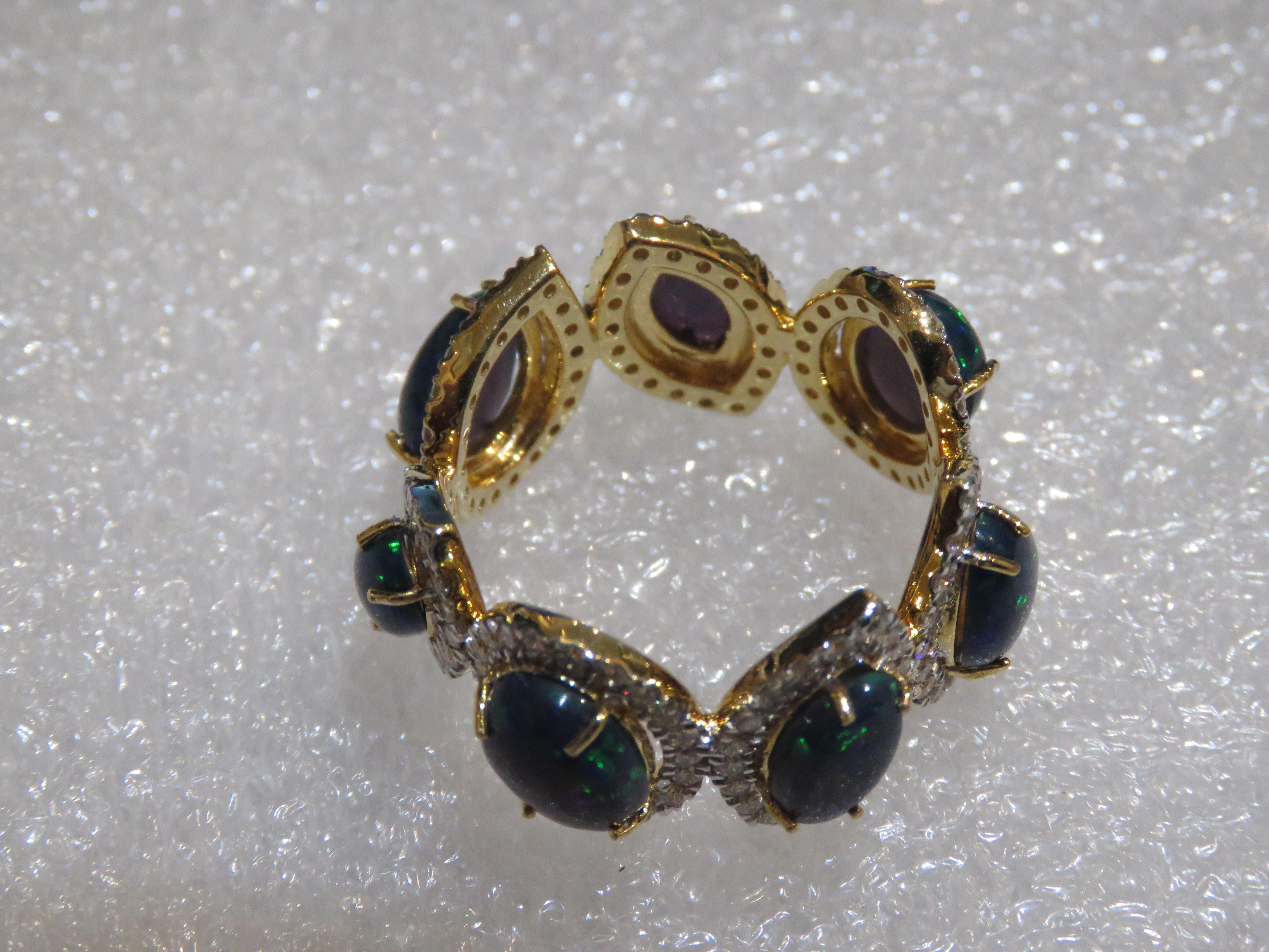 Women's NWT $7, 500 Rare 18KT Gold Large Black Opal Fancy Diamond Band Ring For Sale