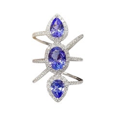 NWT $ 7, 749 Rare 18KT Oro Fancy Triple 3 Tanzanita Piedra preciosa y anillo de diamantes