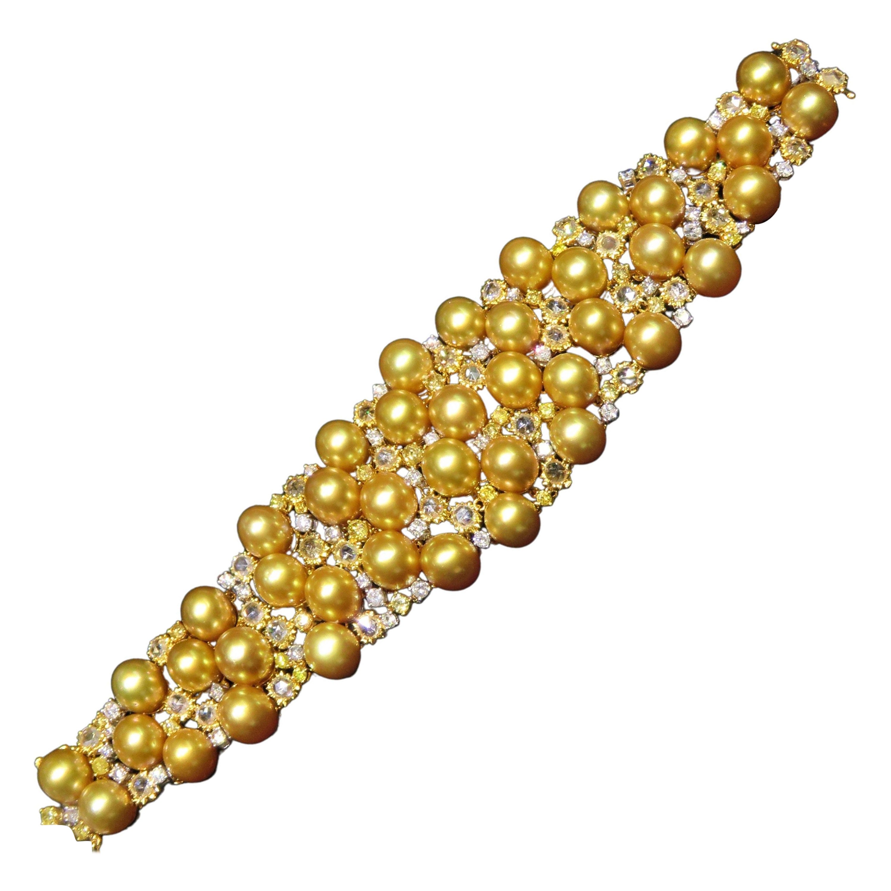 NWT 73, 600 Gorgeous 18kt South Sea Gold Pearl Rose Cut Yellow Diamond Bracelet For Sale