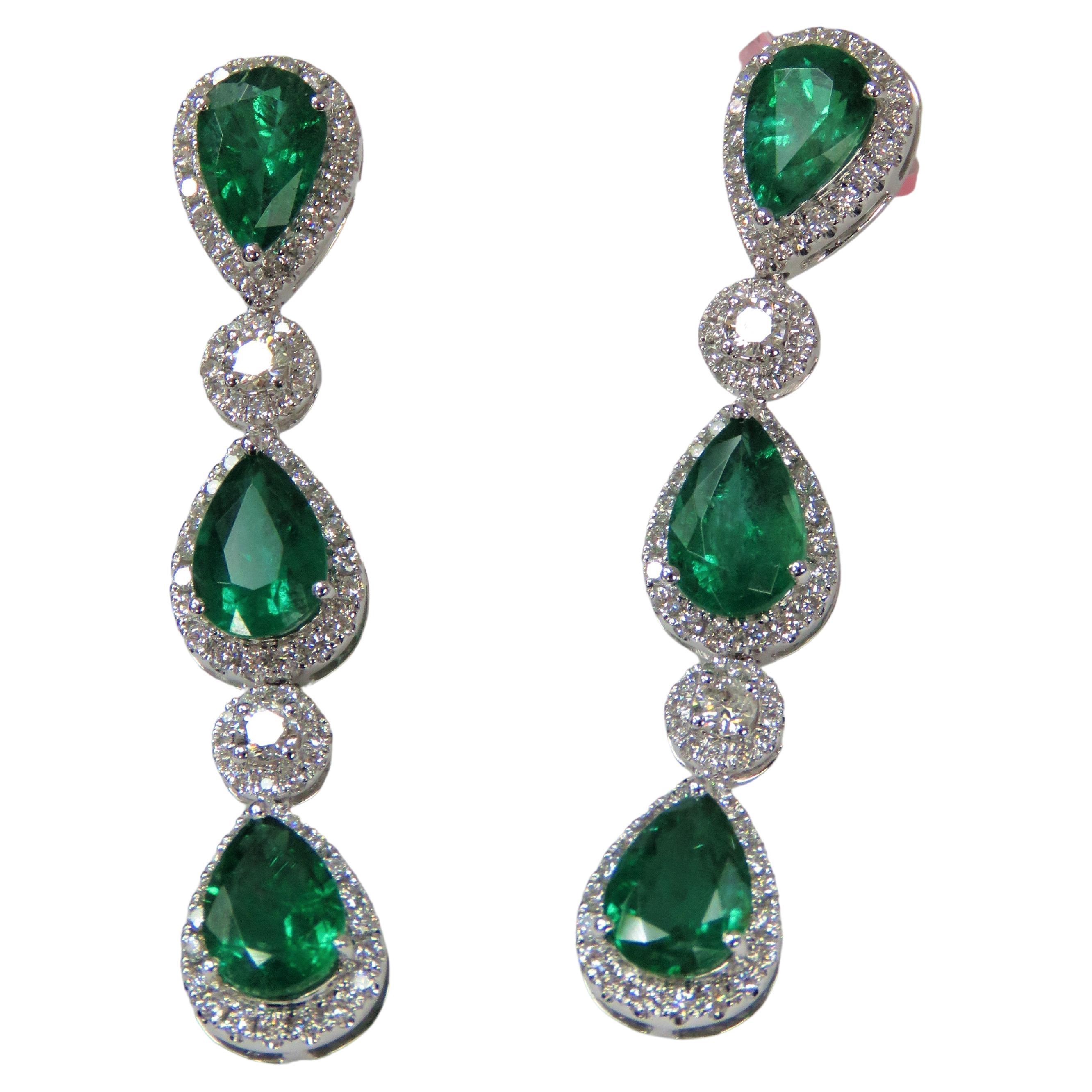 NWT 18 Karat Gold Glittering Fancy Green Emerald Diamond Dangle Earrings