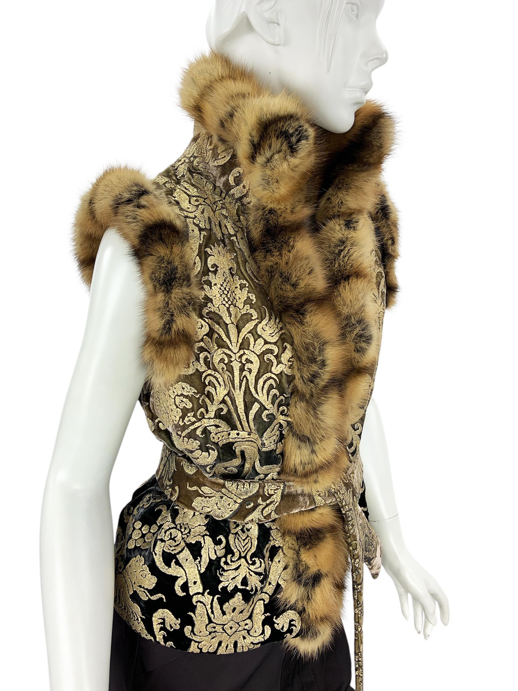 NEU $7380 Roberto Cavalli H/W 2006 Metallic Goldfarbene Weste aus Samt mit Zobelbesatz 6 Damen im Angebot