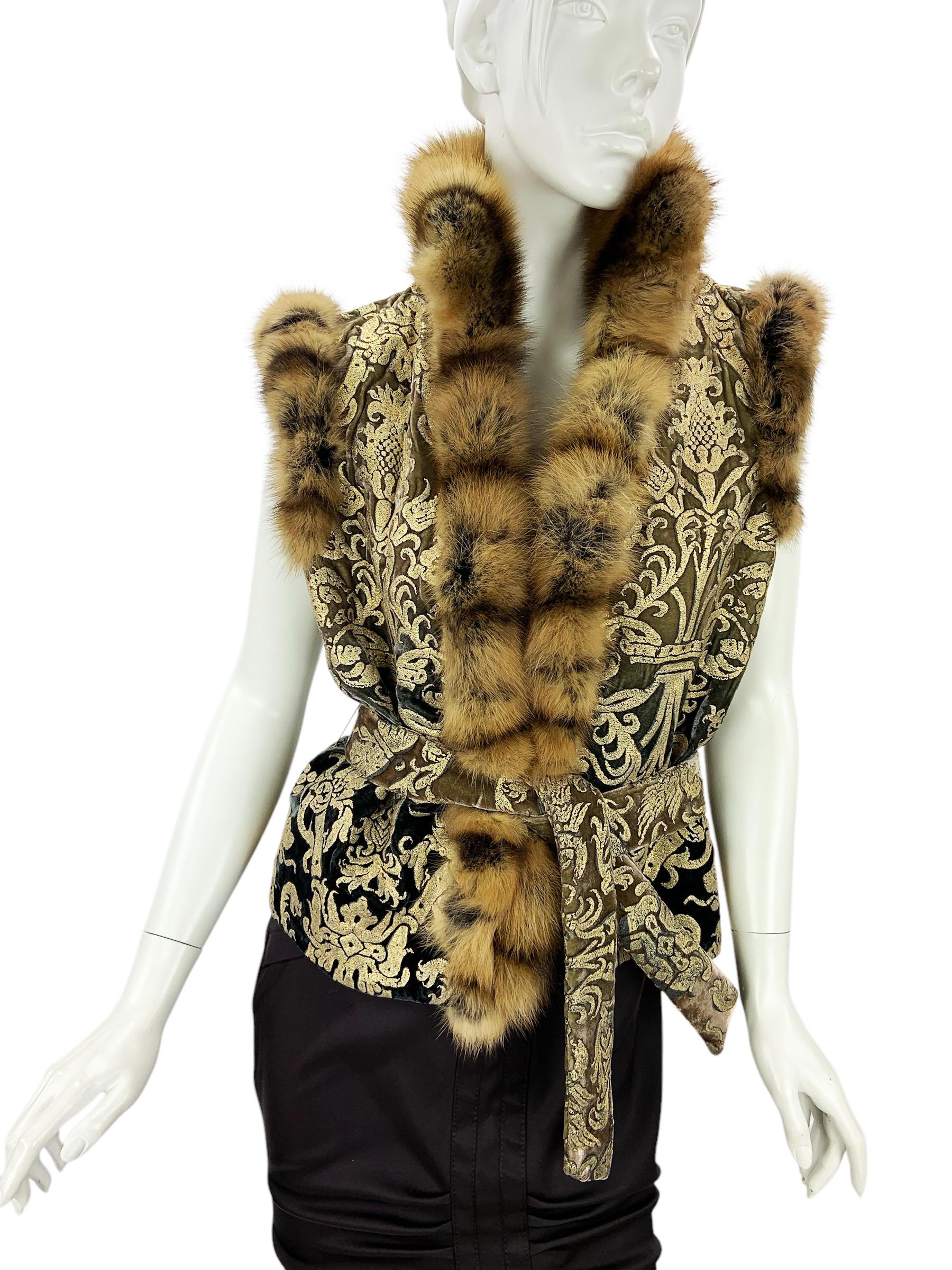 NEU $7380 Roberto Cavalli H/W 2006 Metallic Goldfarbene Weste aus Samt mit Zobelbesatz 6 im Angebot 2