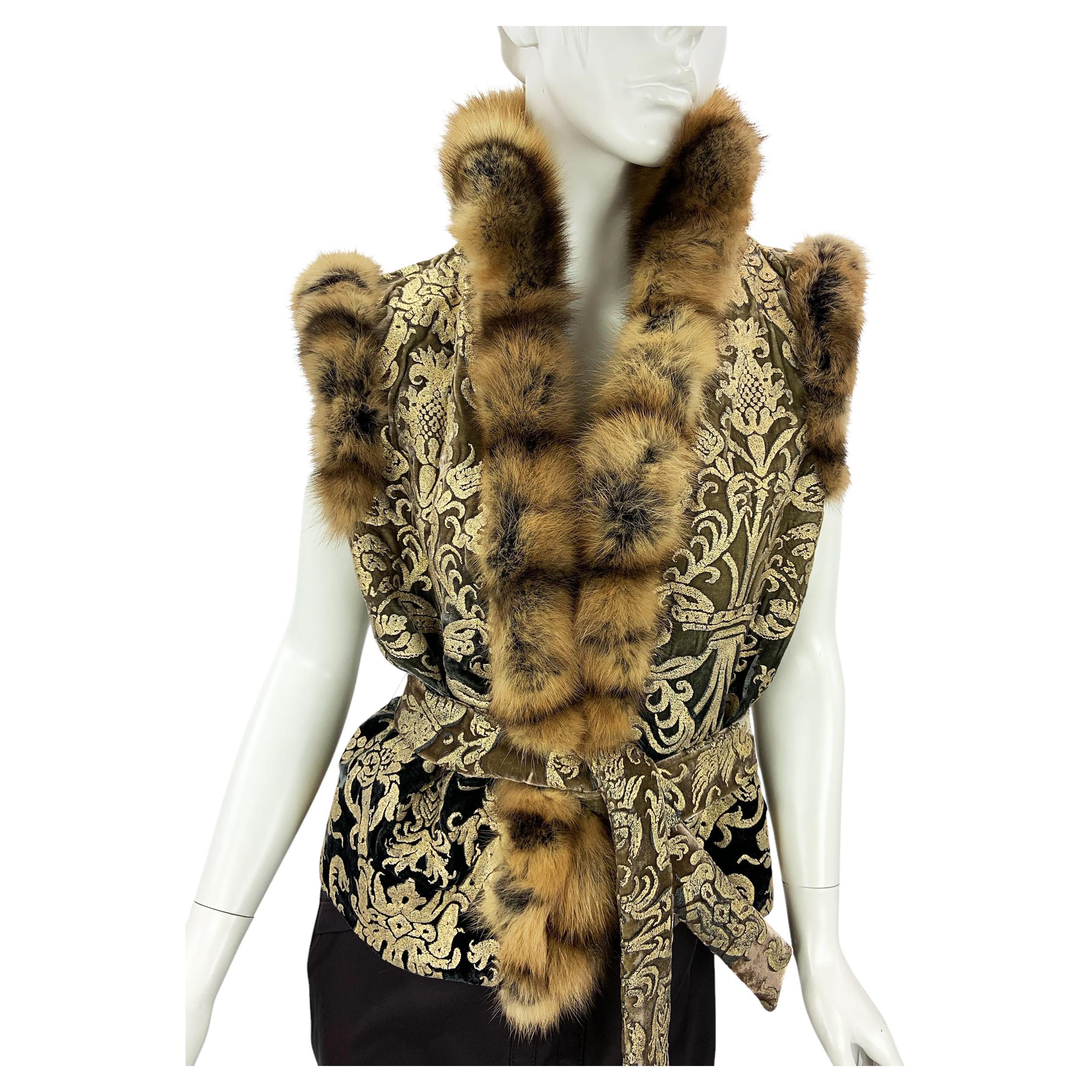 NWT $7380 Roberto Cavalli FW 2006 Metallic Gold Painted Velvet Sable Trim Gilet 6
