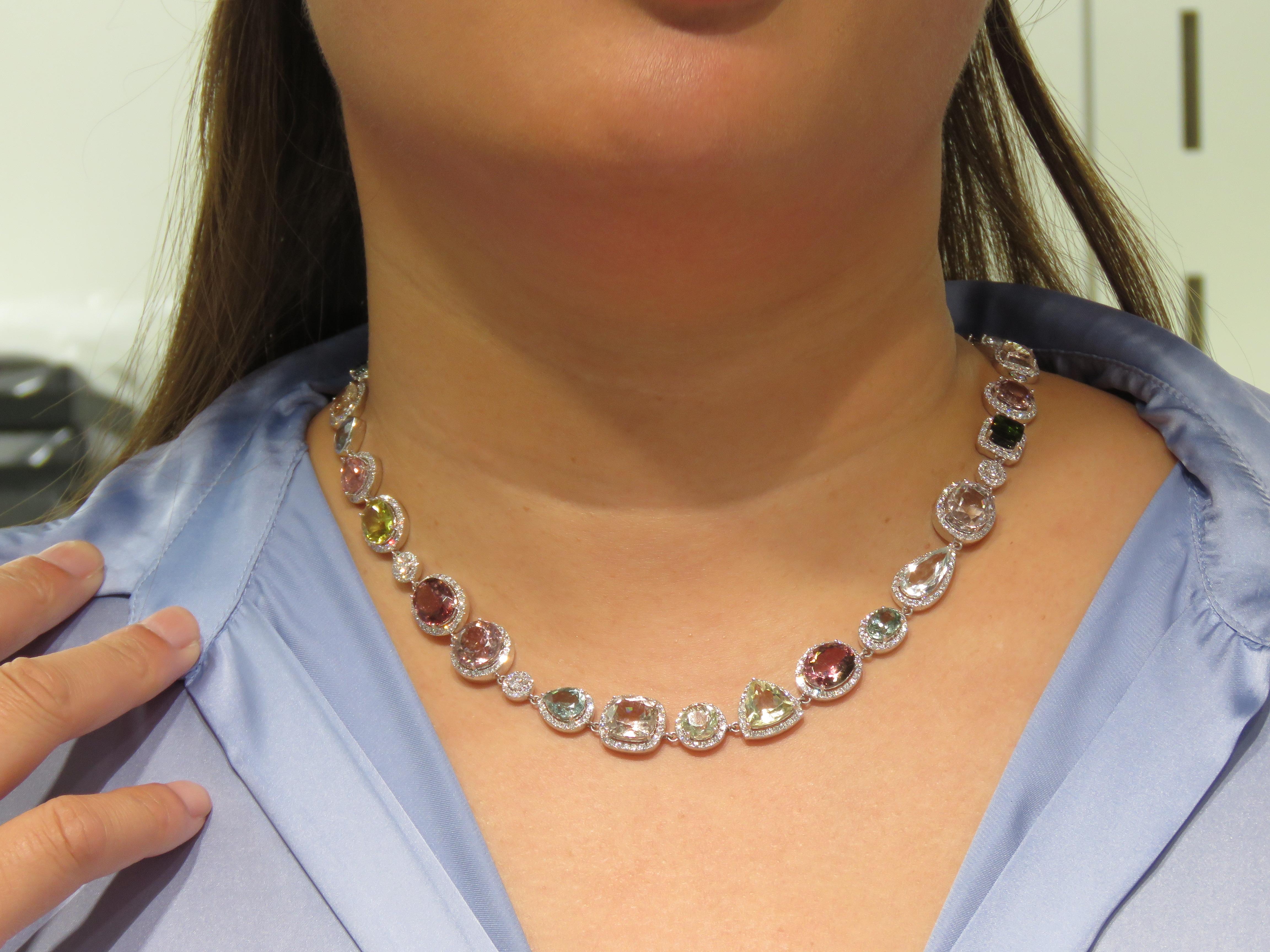 NWT $74, 000 18KT Magnificent Large Multi Rainbow Tourmaline Diamond Necklace For Sale 2