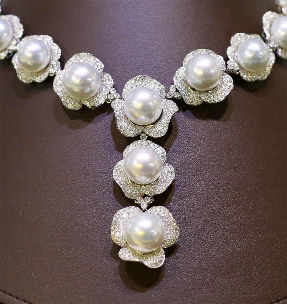 NWT 75.000 $ bedeutende Südsee-Perlenkette aus 18KT Gold mit großem Diamanten (Rundschliff) im Angebot