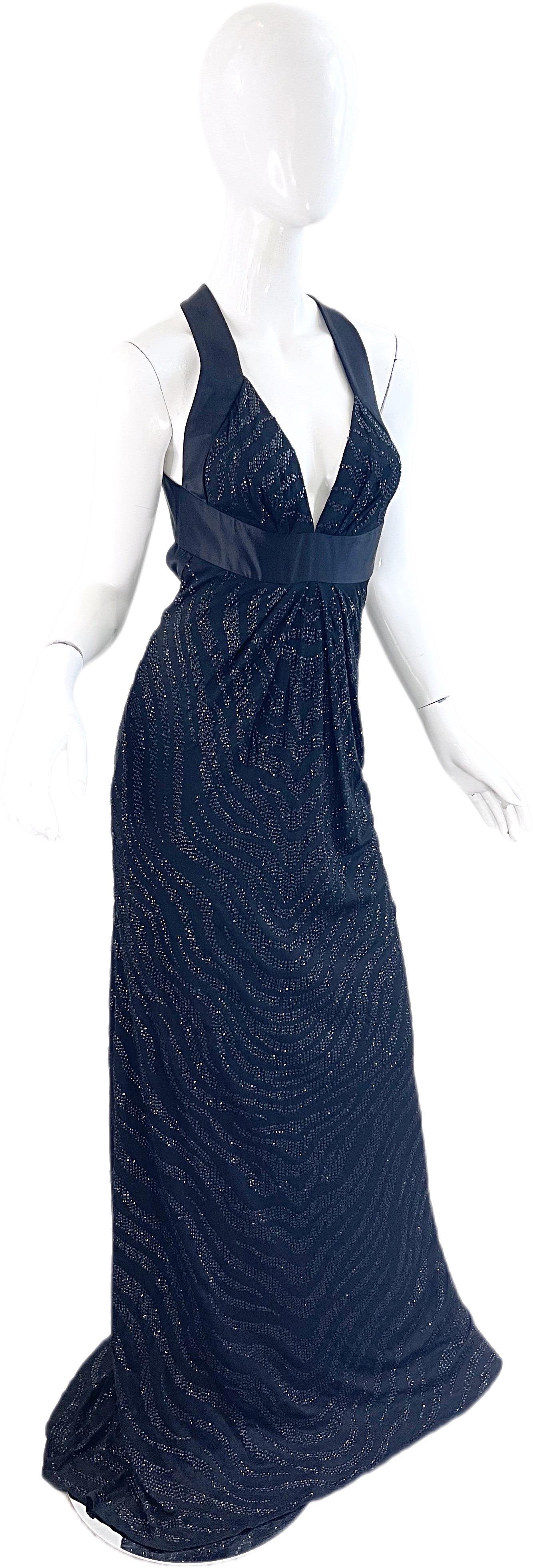 NWT $7.5k Roberto Cavalli Fall 2006 Black Sequin Zebra Print Plunging Back Gown For Sale 6