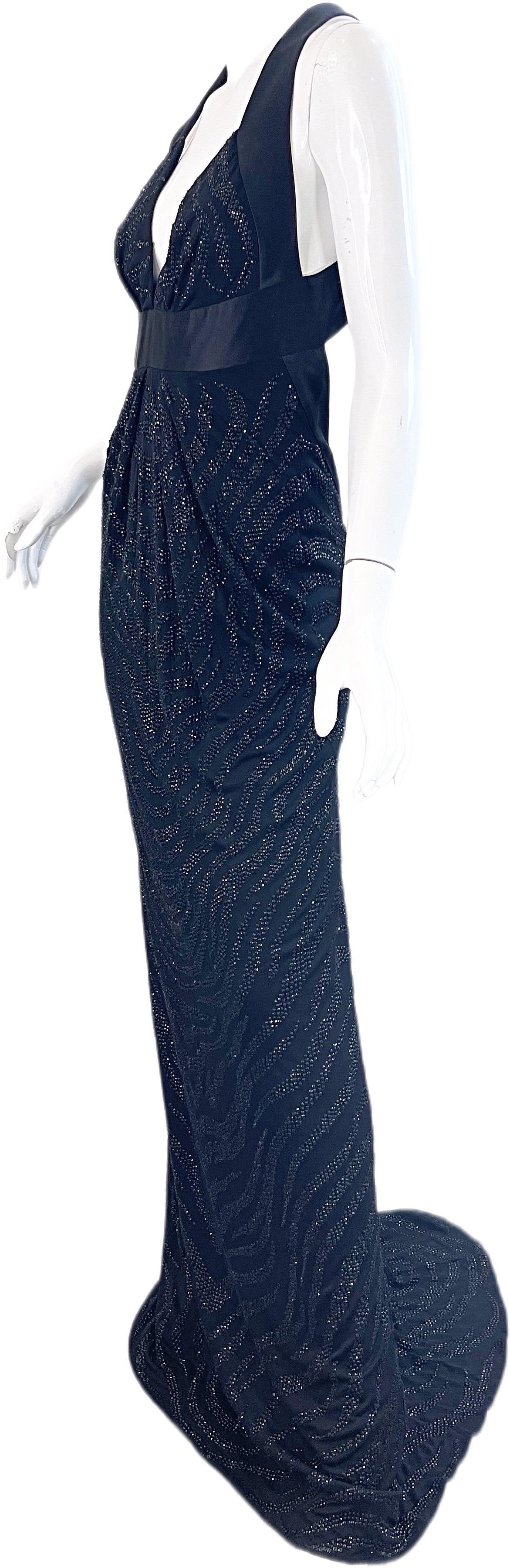 NWT $7.5k Roberto Cavalli Fall 2006 Black Sequin Zebra Print Plunging Back Gown For Sale 10