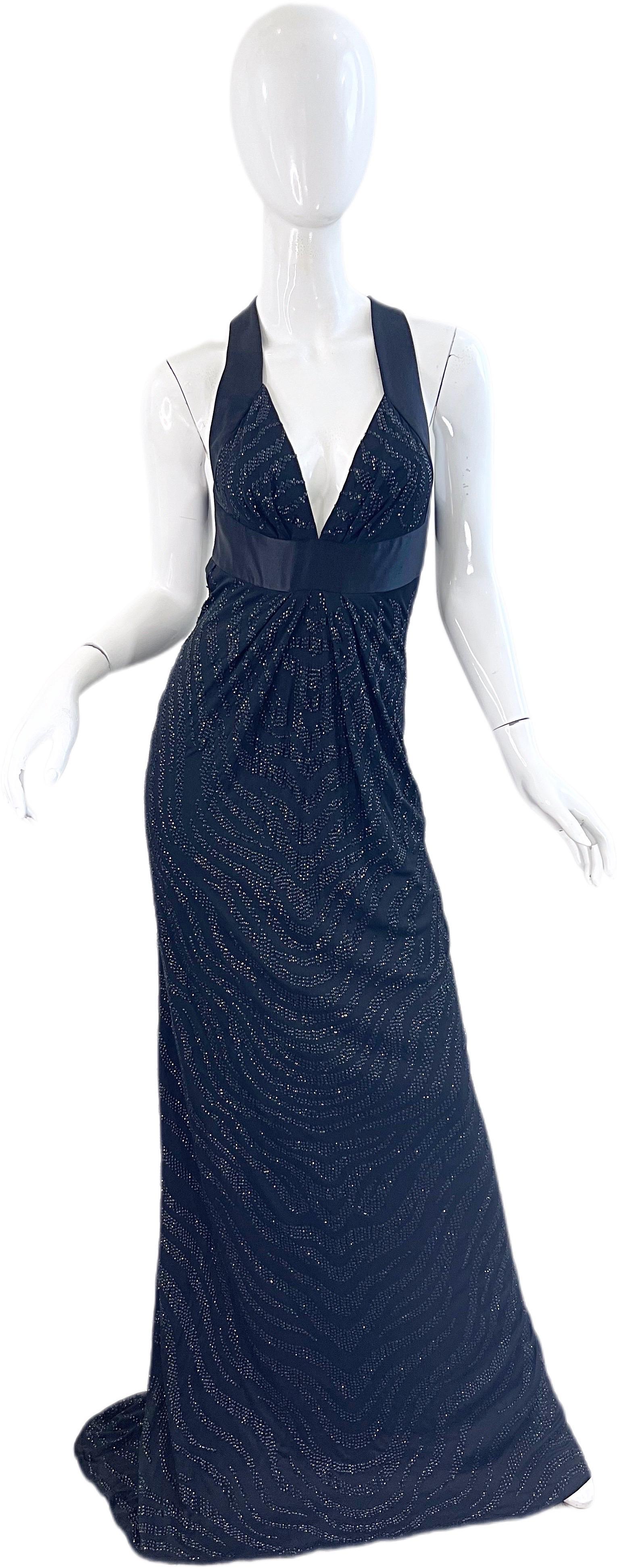 NWT $7.5k Roberto Cavalli Fall 2006 Black Sequin Zebra Print Plunging Back Gown In New Condition For Sale In San Diego, CA