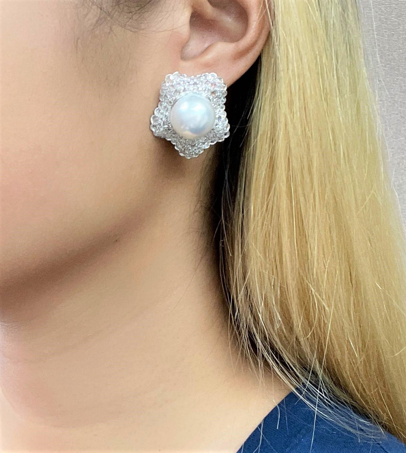 NWT $25, 500 Rare 18KT South Sea Large Pearl Rose Cut Diamond Earrings In New Condition For Sale In New York, NY