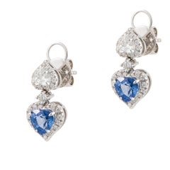 NWT $8, 500 18KT Fancy Glittering Blue Sapphire Heart Diamond Dangle Earrings