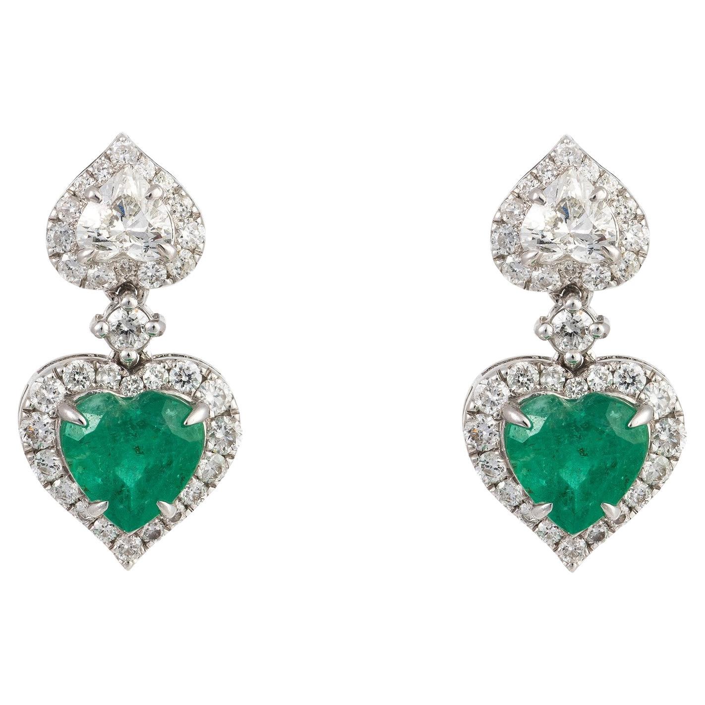 NWT $8, 500 18KT Large Fancy Glittering Emerald Heart Diamond Dangle Earrings
