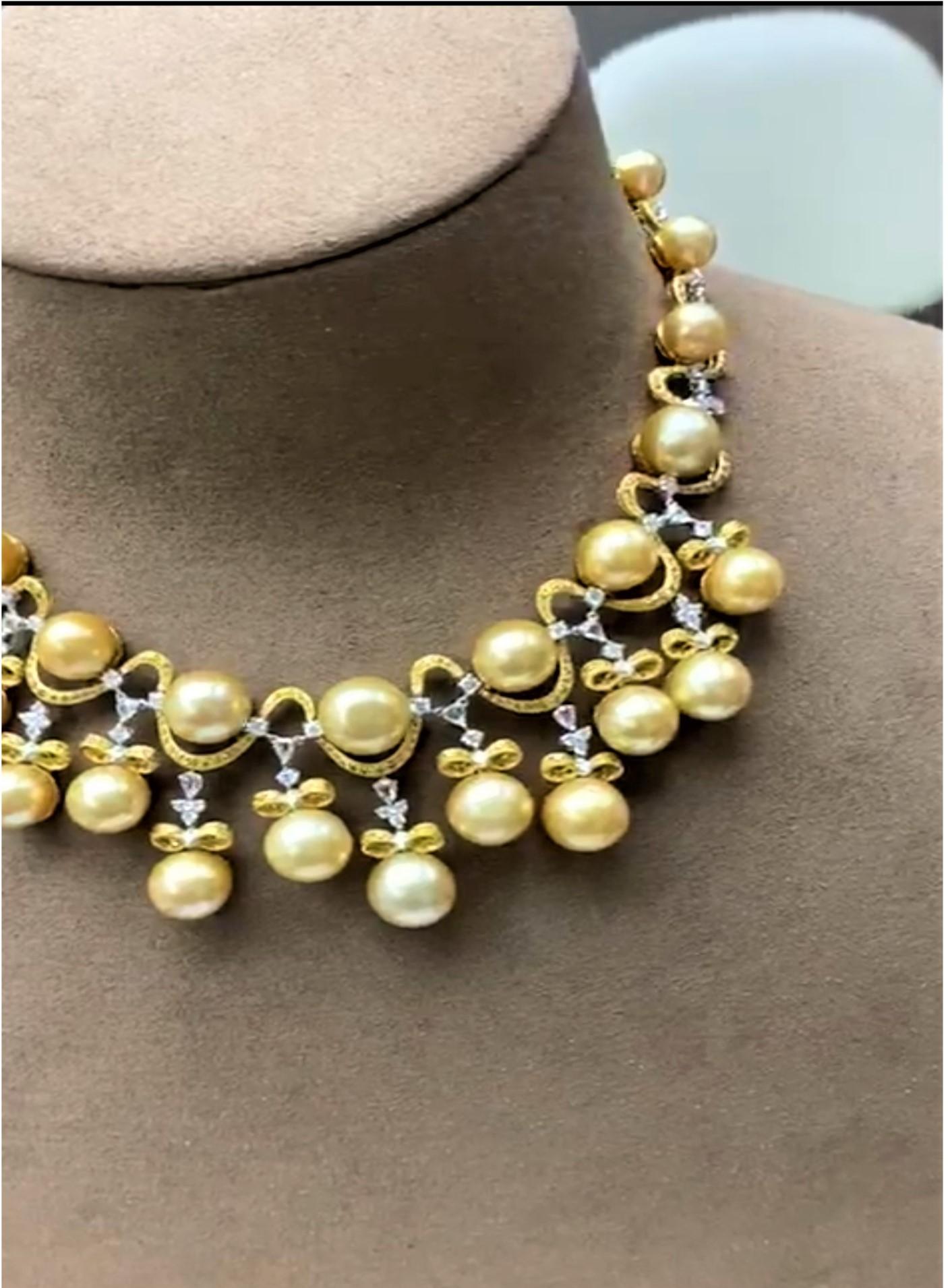 Mixed Cut NWT $80, 000 Gorgeous 18KT South Sea Golden Pearl Fancy Yellow Diamond Necklace For Sale
