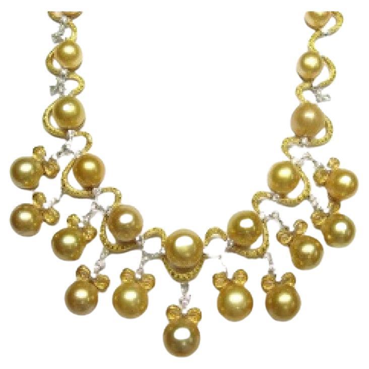 Superbe collier en perles dorées des mers du Sud 18 carats et diamants jaunes de couleur jaune fantaisie, Neuf avec étiquette, 80 000 $