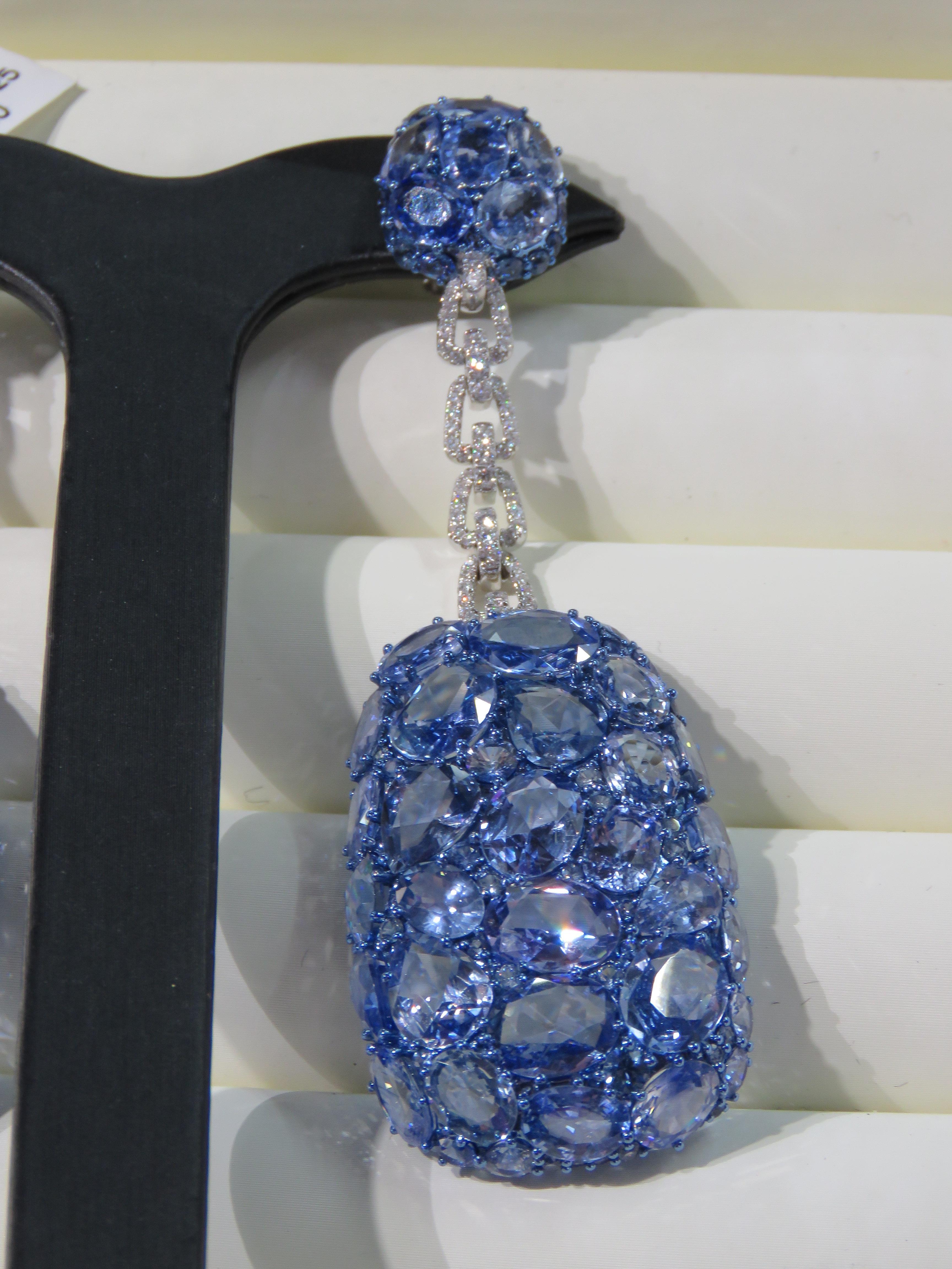 Mixed Cut NWT $83, 200 18KT Rare Fancy 85CT Sliced Blue Sapphire Diamond Dangle Earrings For Sale