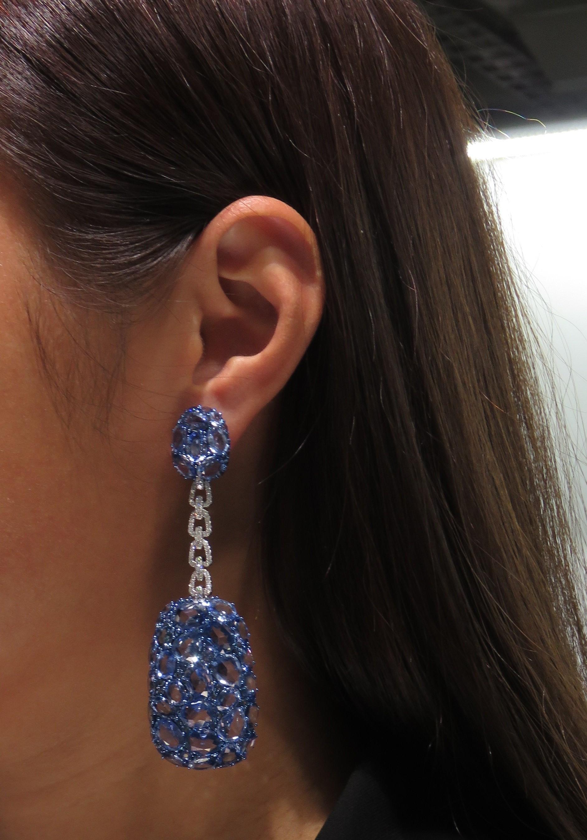 NWT $83, 200 18KT Rare Fancy 85CT Sliced Blue Sapphire Diamond Dangle Earrings In New Condition For Sale In New York, NY