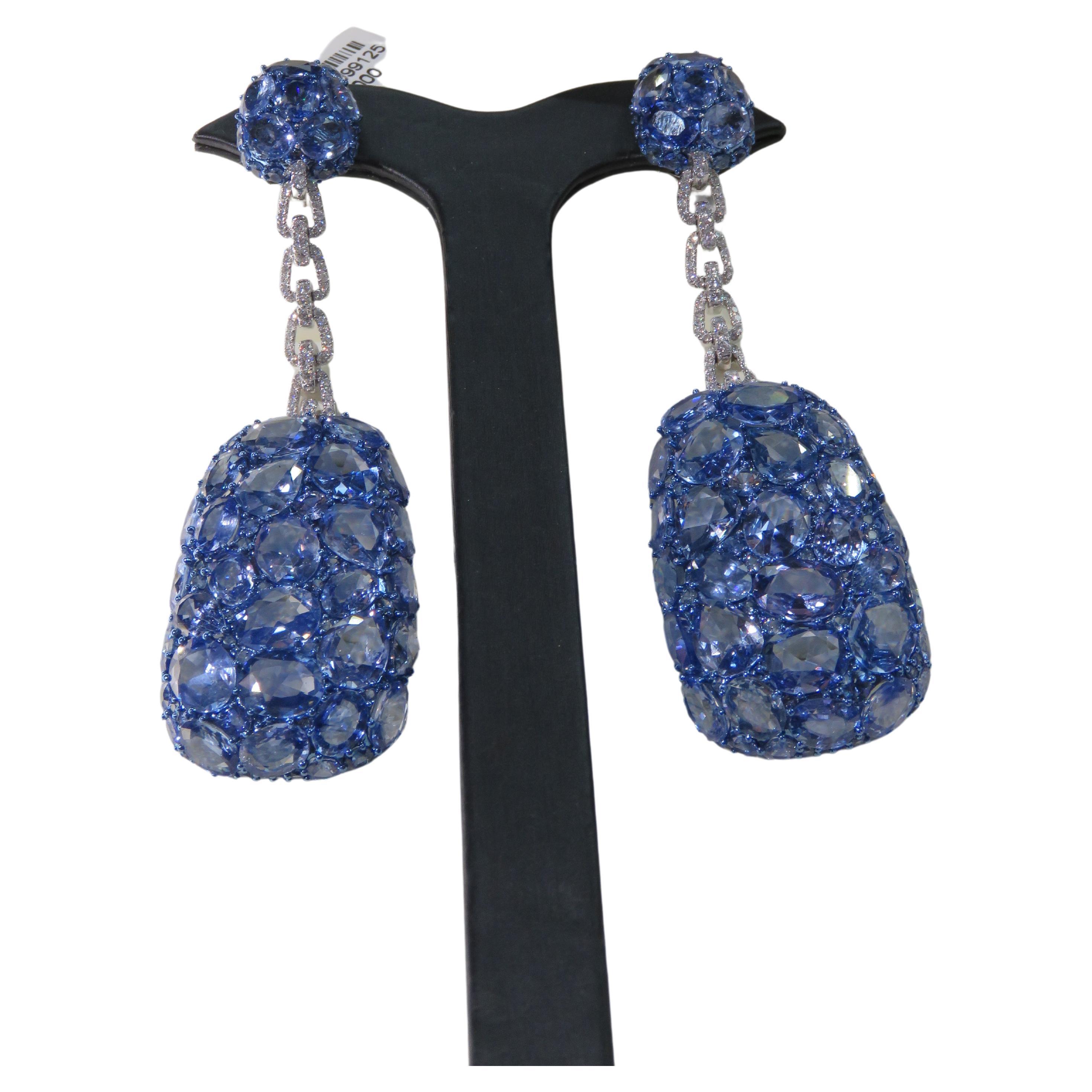 NWT $83, 200 18KT Rare Fancy 85CT Sliced Blue Sapphire Diamond Dangle Earrings For Sale