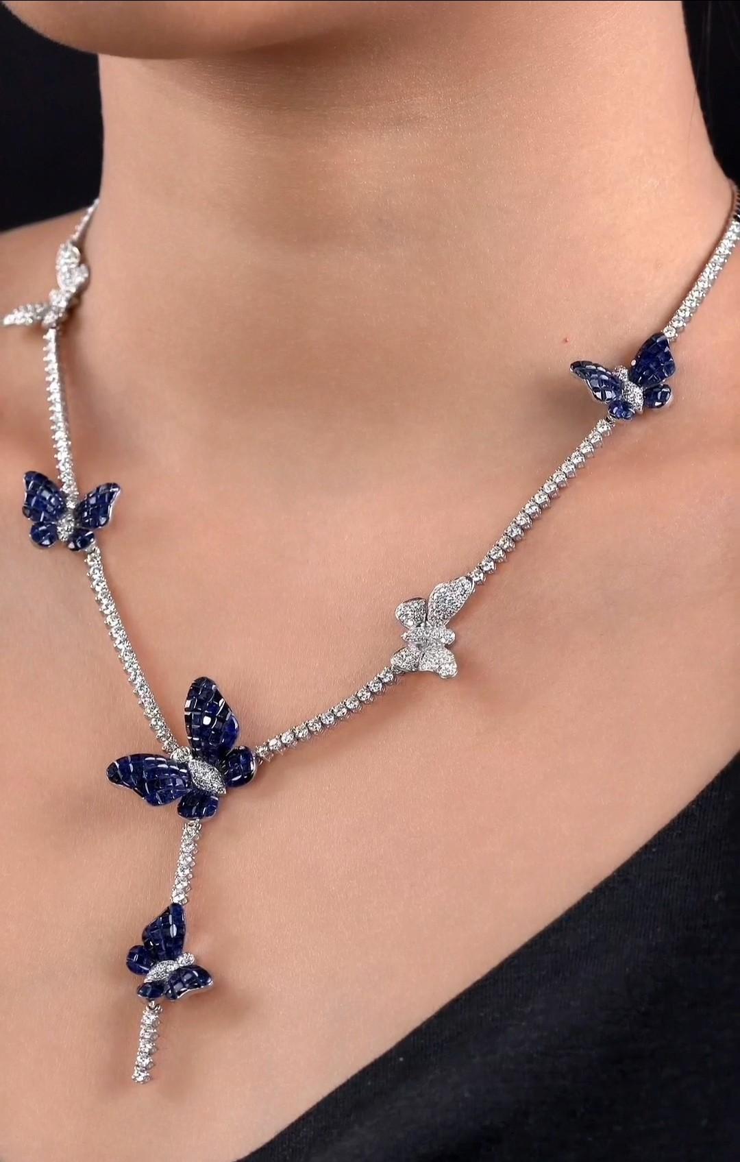 Mixed Cut NWT $84, 000 18KT Gold Rare Gorgeous Blue Sapphire Diamond Butterfly Necklace For Sale