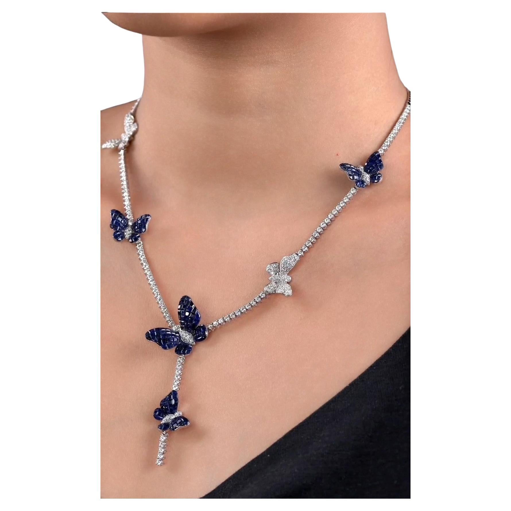 NWT $84, 000 18KT Gold Rare Gorgeous Blue Sapphire Diamond Butterfly Necklace For Sale